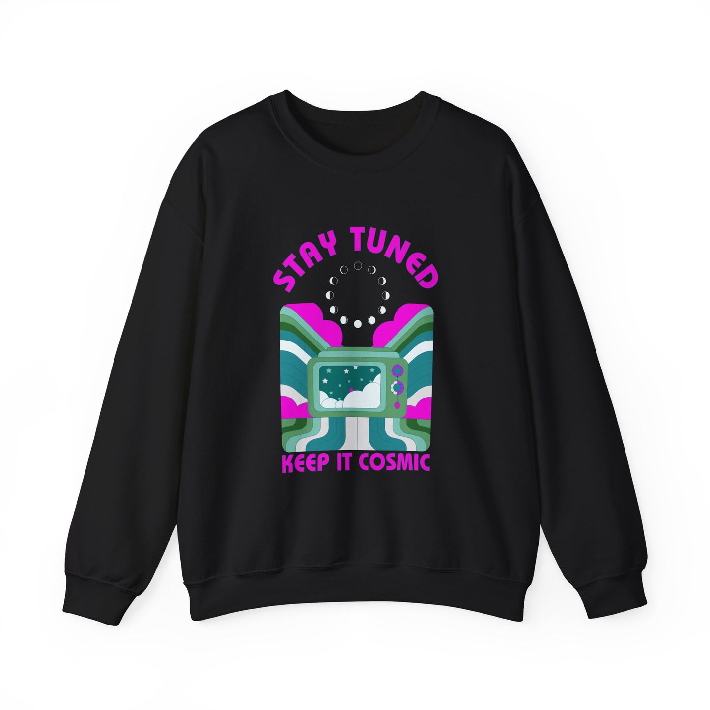 Stay Tuned Moon Phase Retro Sweatshirt - Dayglow Celestial Crewneck