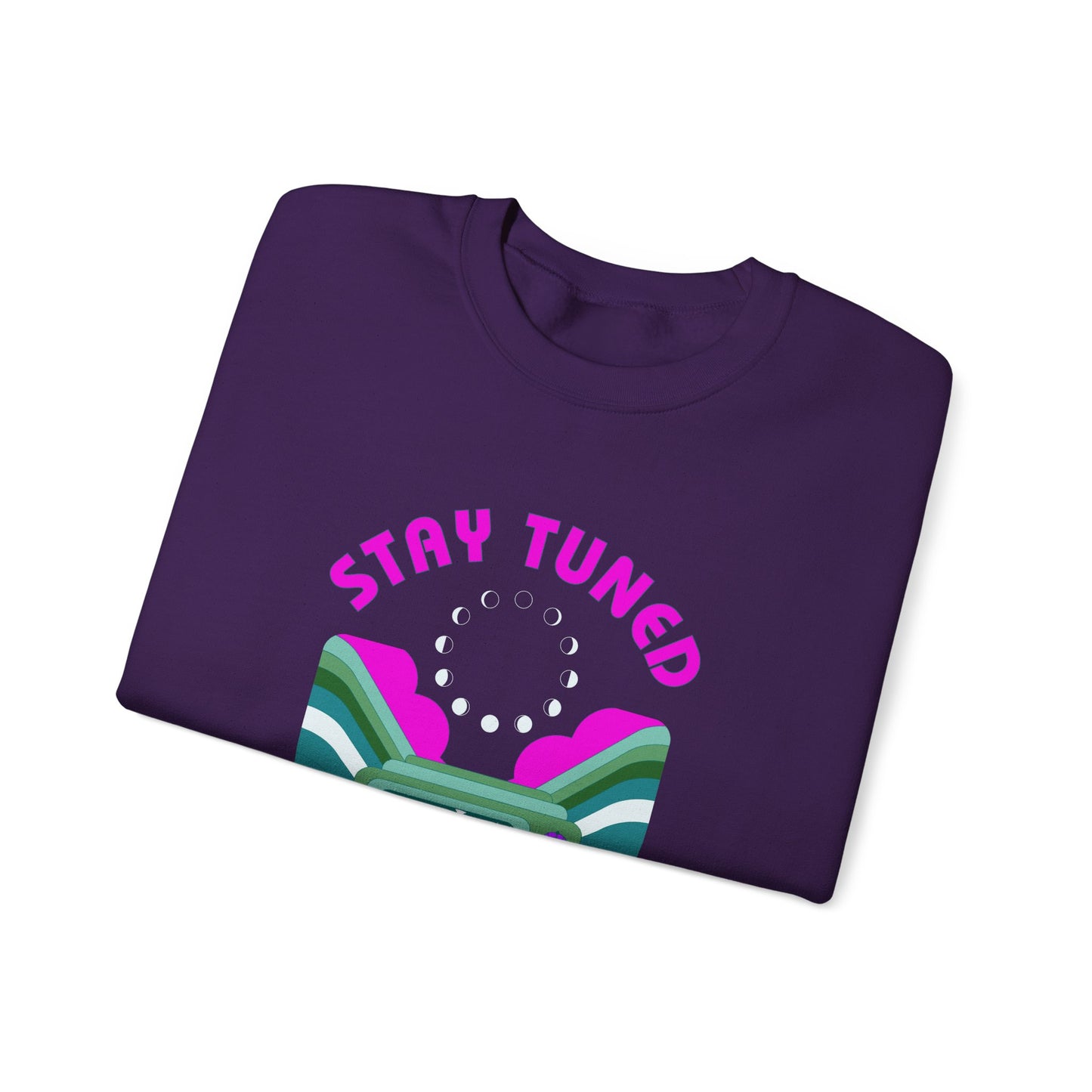 Stay Tuned Moon Phase Retro Sweatshirt - Dayglow Celestial Crewneck