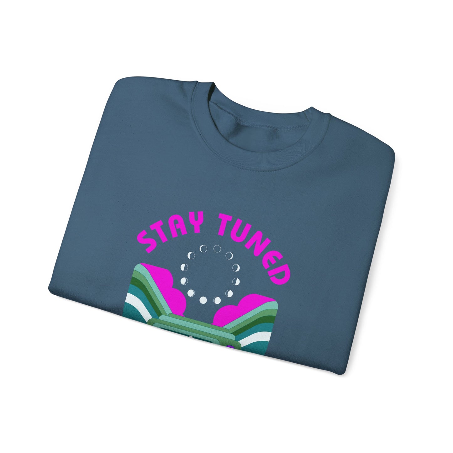 Stay Tuned Moon Phase Retro Sweatshirt - Dayglow Celestial Crewneck