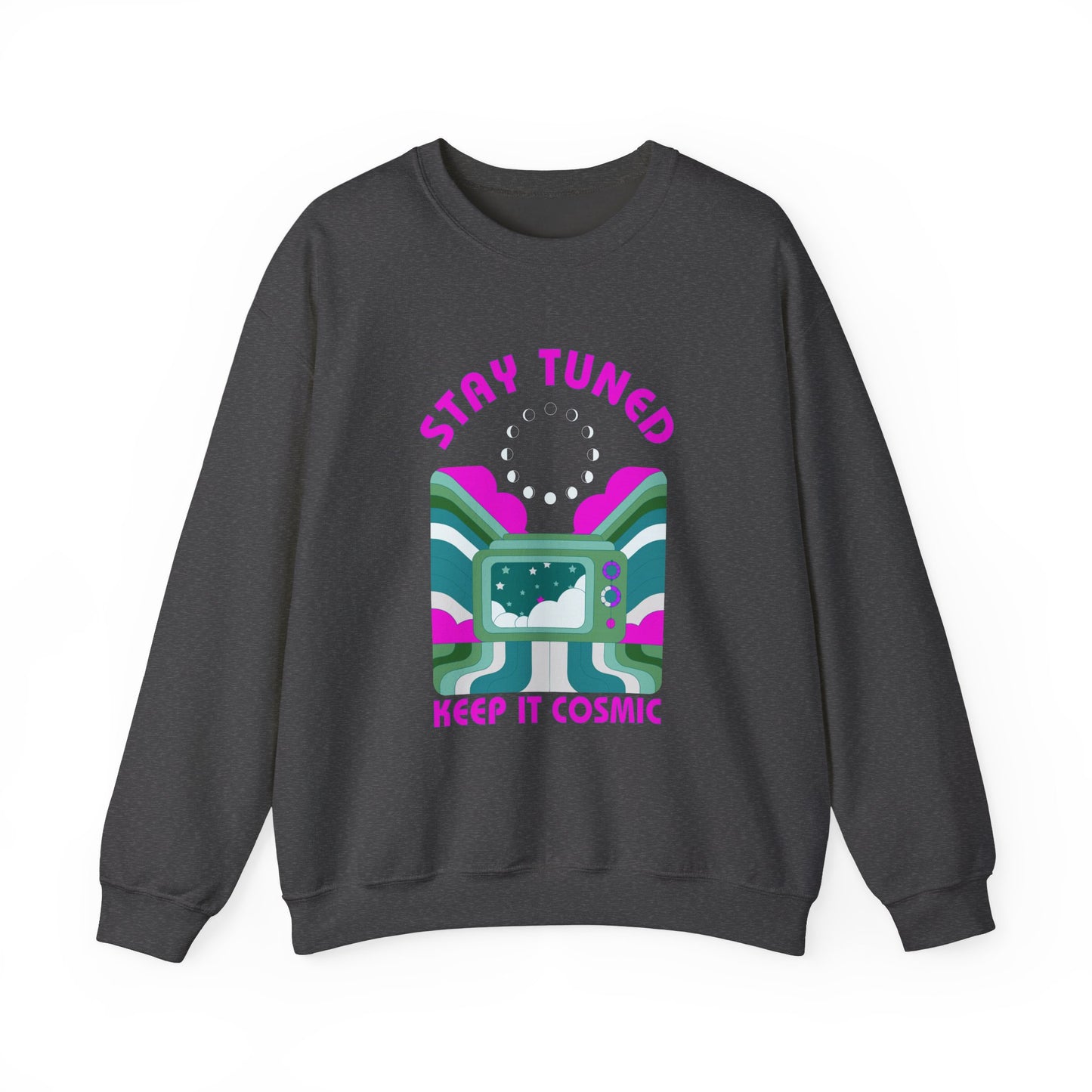 Stay Tuned Moon Phase Retro Sweatshirt - Dayglow Celestial Crewneck