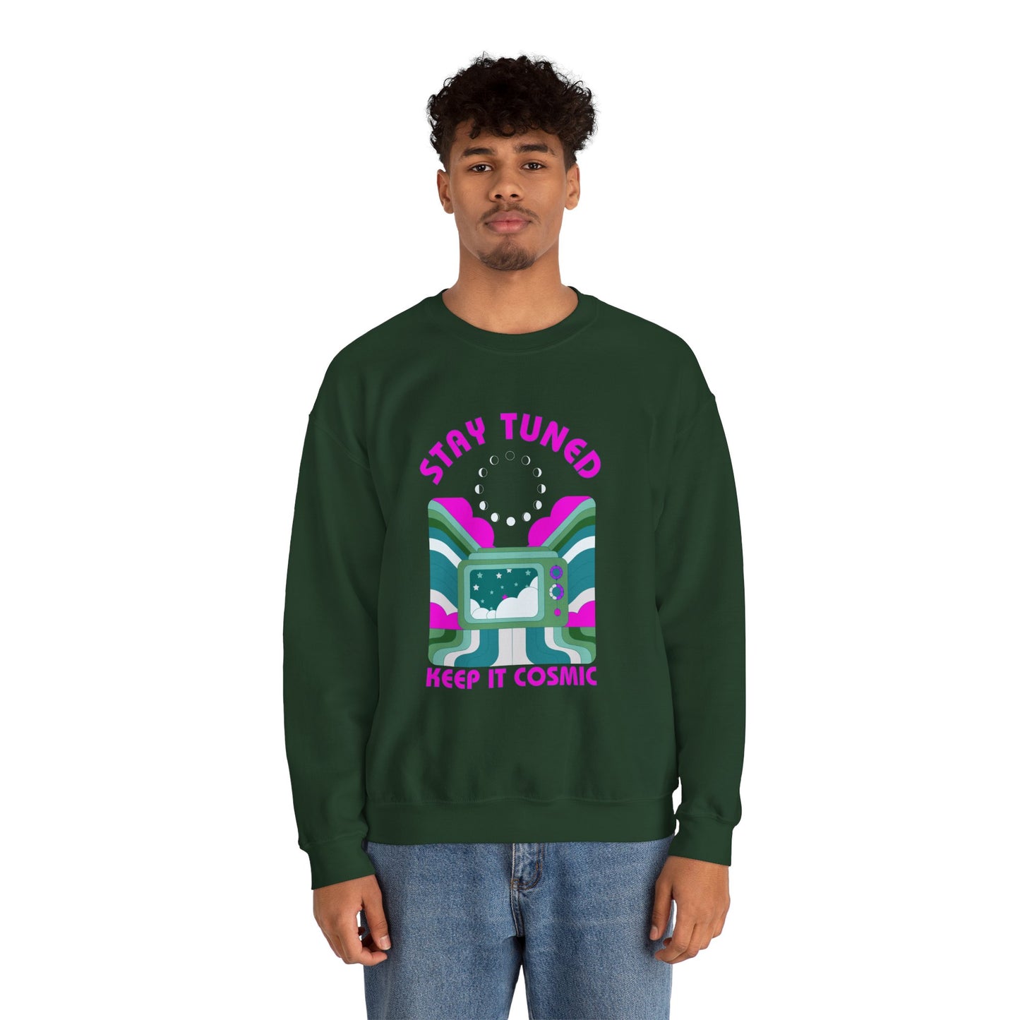 Stay Tuned Moon Phase Retro Sweatshirt - Dayglow Celestial Crewneck