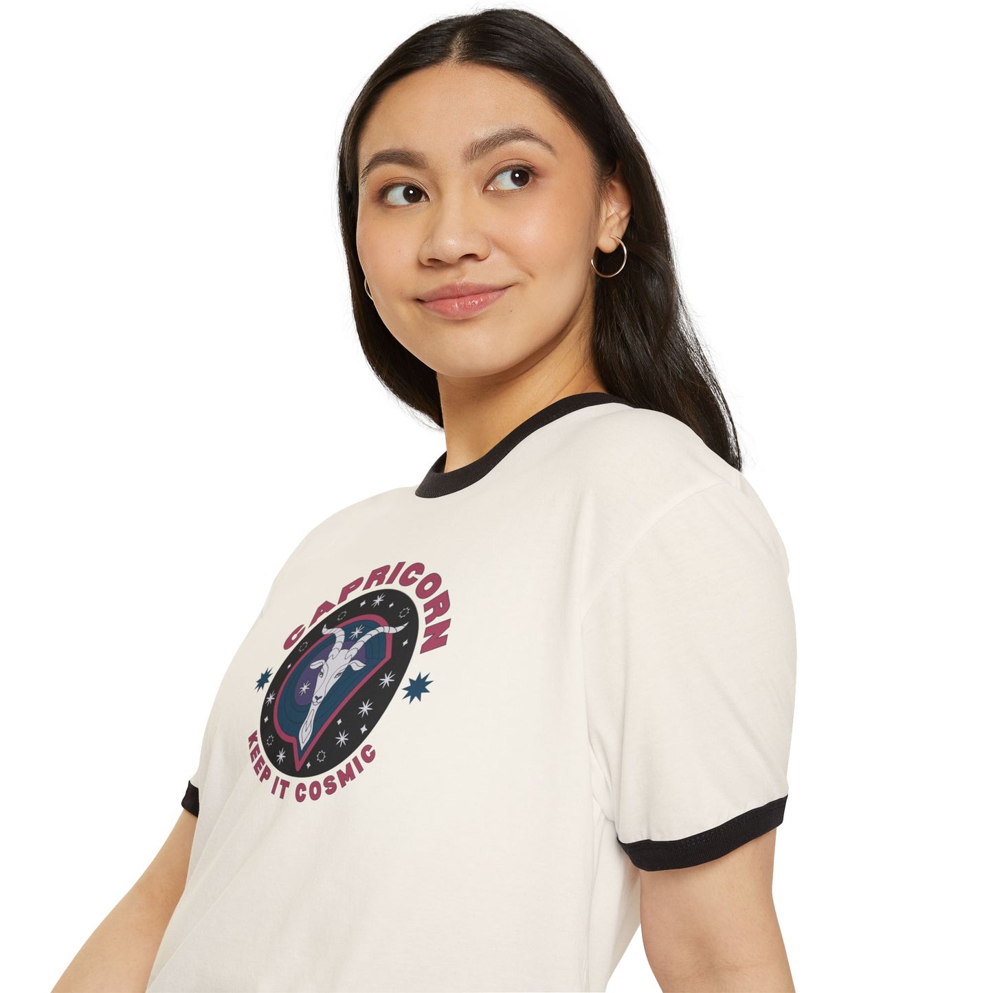 Keep it Cosmic Retro Ringer Tee — Capricorn Zodiac | Model 3
