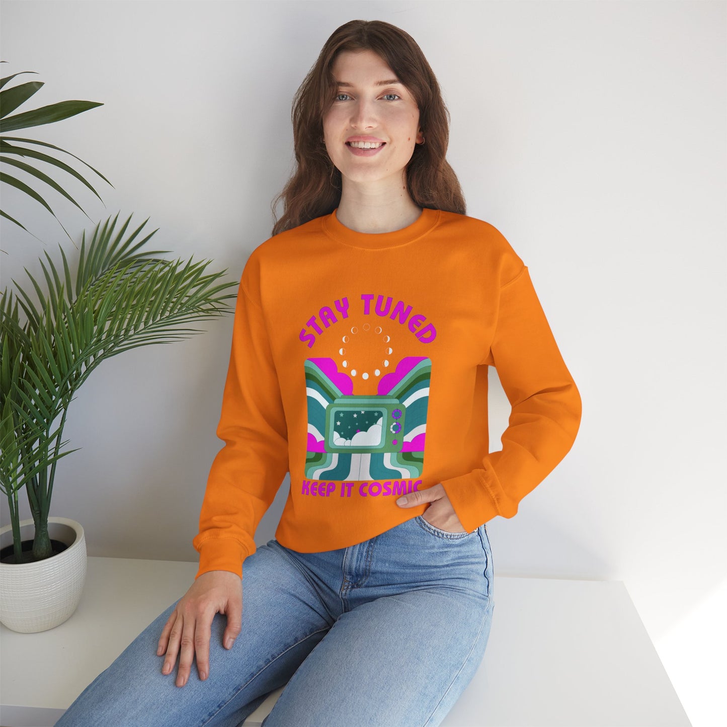Stay Tuned Moon Phase Retro Sweatshirt - Dayglow Celestial Crewneck