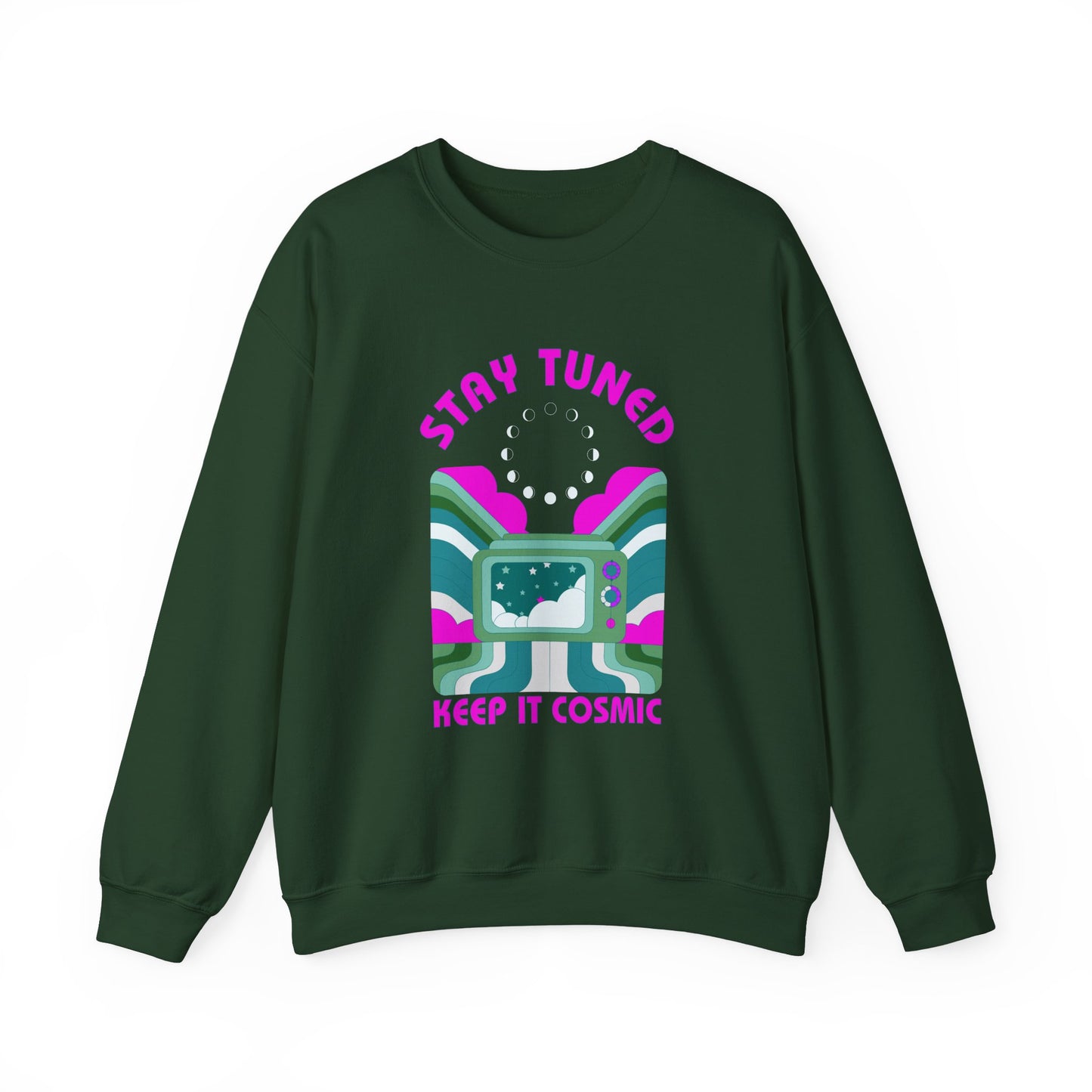 Stay Tuned Moon Phase Retro Sweatshirt - Dayglow Celestial Crewneck