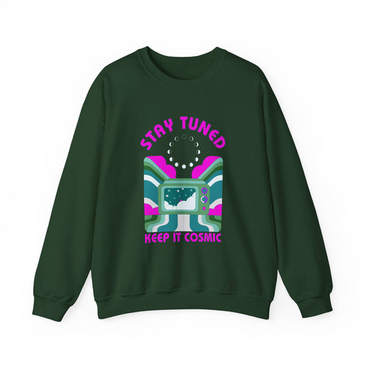 Stay Tuned Moon Phase Retro Sweatshirt - Dayglow Celestial Crewneck
