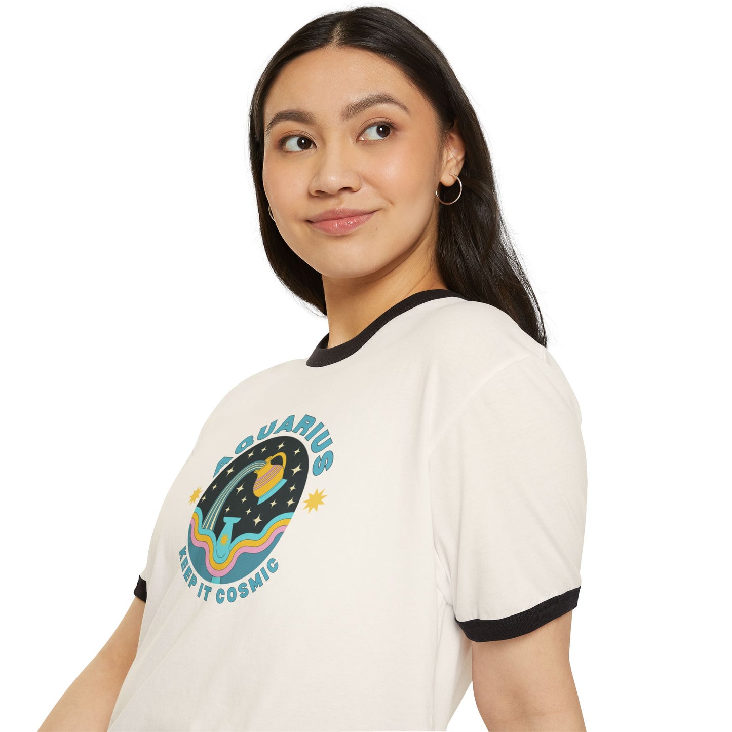 Keep it Cosmic Retro Ringer Tee — Aquarius Zodiac | Model 3