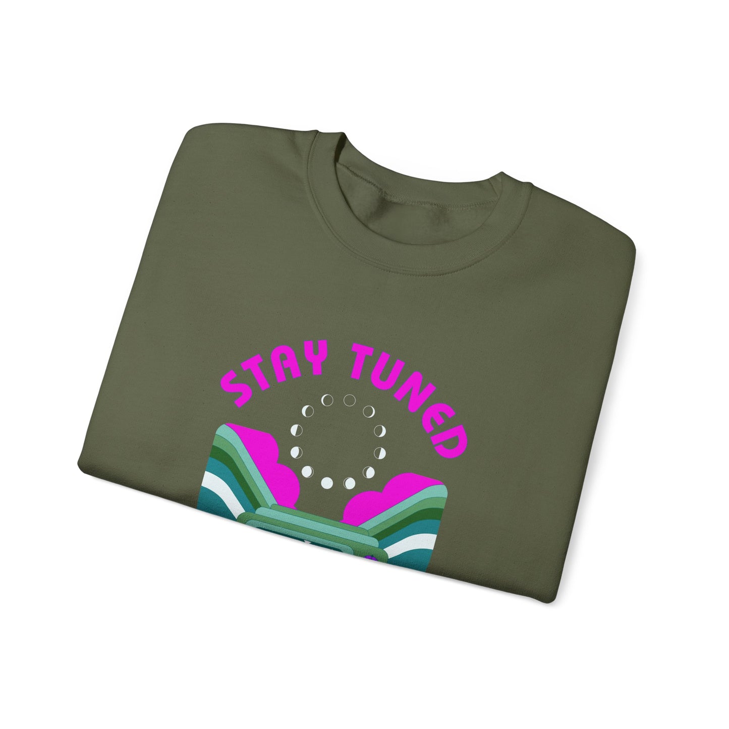 Stay Tuned Moon Phase Retro Sweatshirt - Dayglow Celestial Crewneck