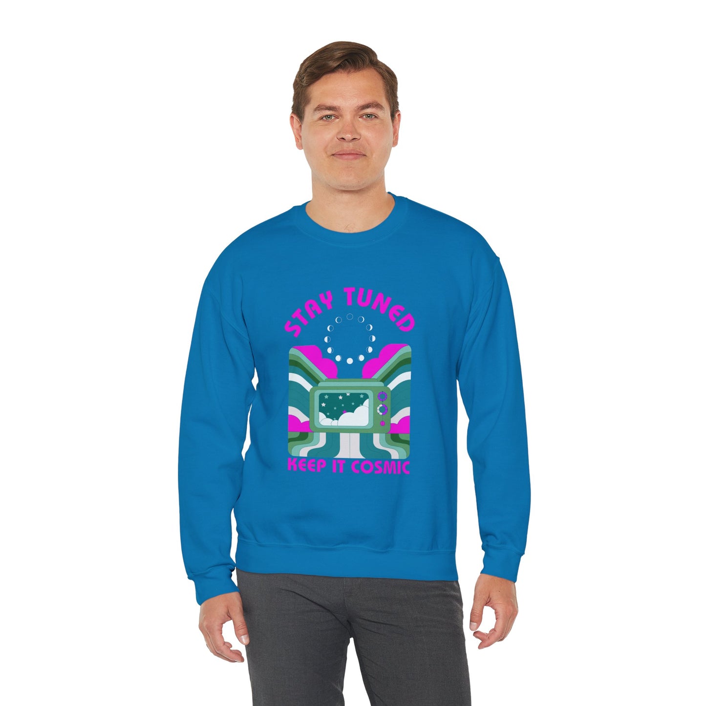 Stay Tuned Moon Phase Retro Sweatshirt - Dayglow Celestial Crewneck