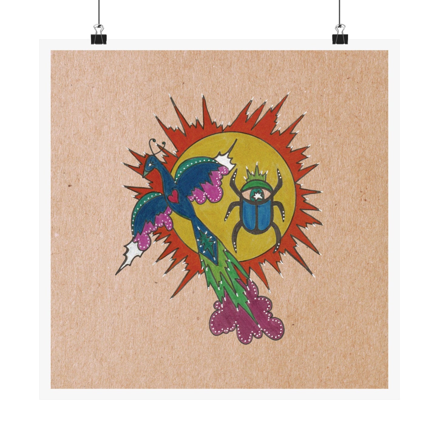 Integrate to Radiate – Symbolic Sun Scarab and Peacock Cosmic Art Print