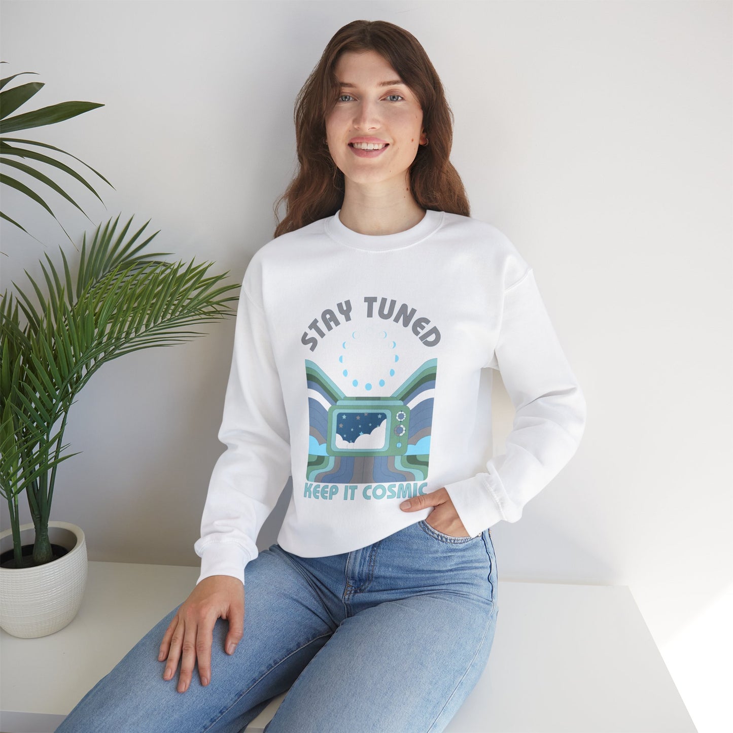 Stay Tuned Moon Phase Retro Sweatshirt - Earthglow Celestial Crewneck