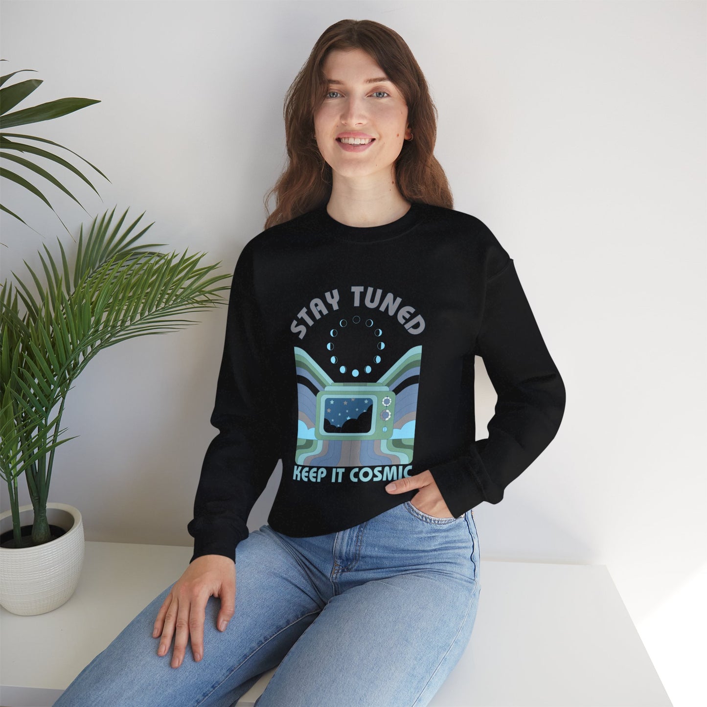 Stay Tuned Moon Phase Retro Sweatshirt - Earthglow Celestial Crewneck