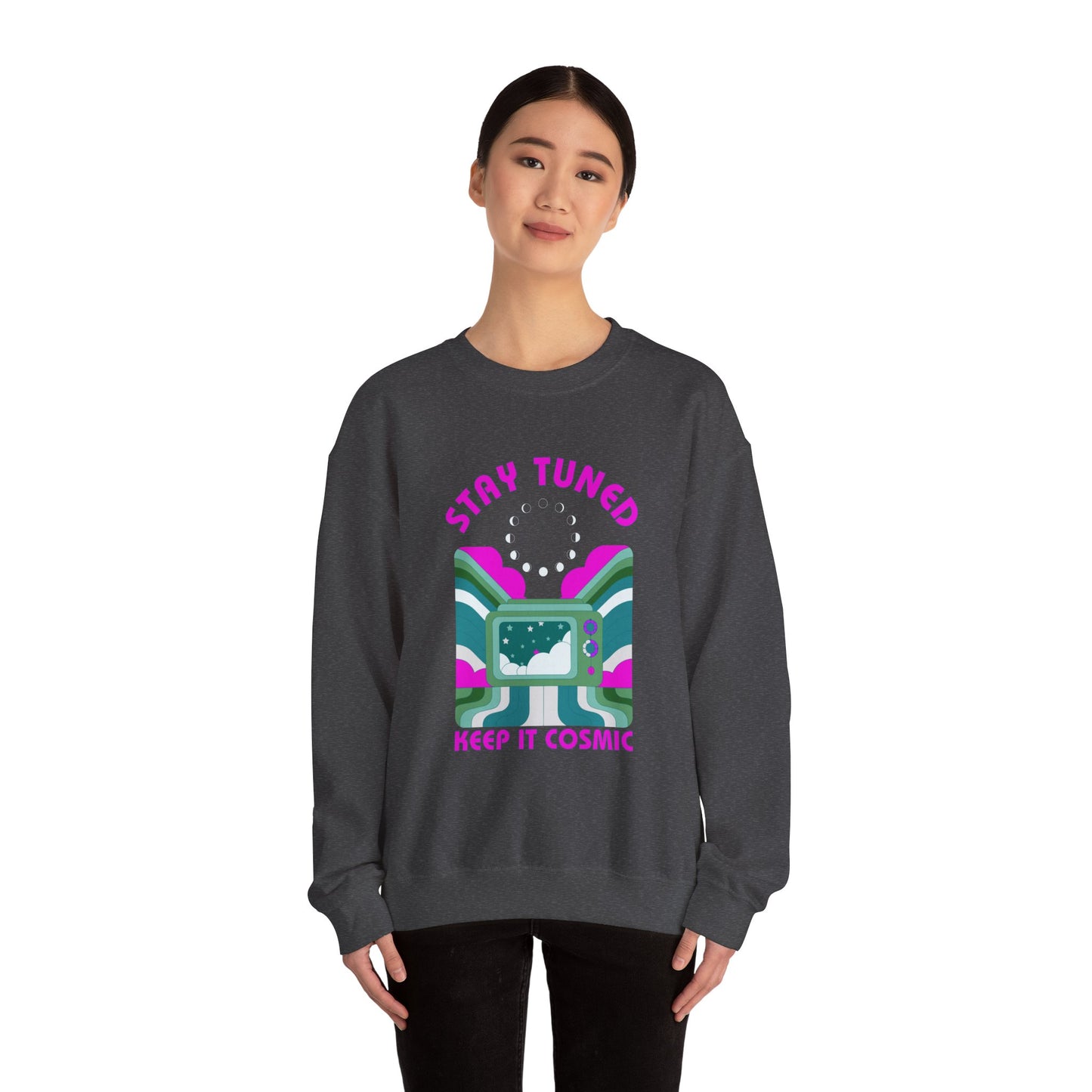 Stay Tuned Moon Phase Retro Sweatshirt - Dayglow Celestial Crewneck