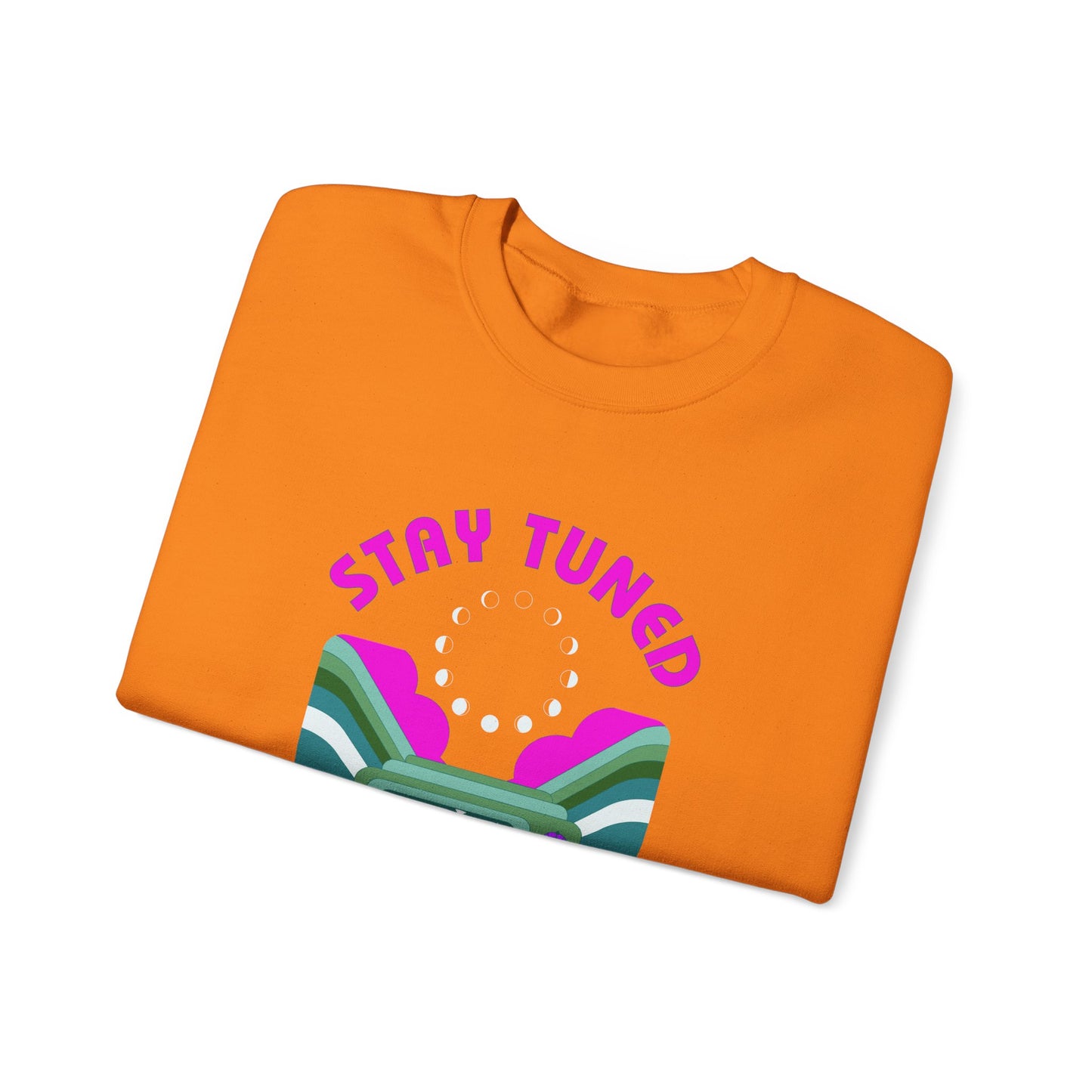 Stay Tuned Moon Phase Retro Sweatshirt - Dayglow Celestial Crewneck