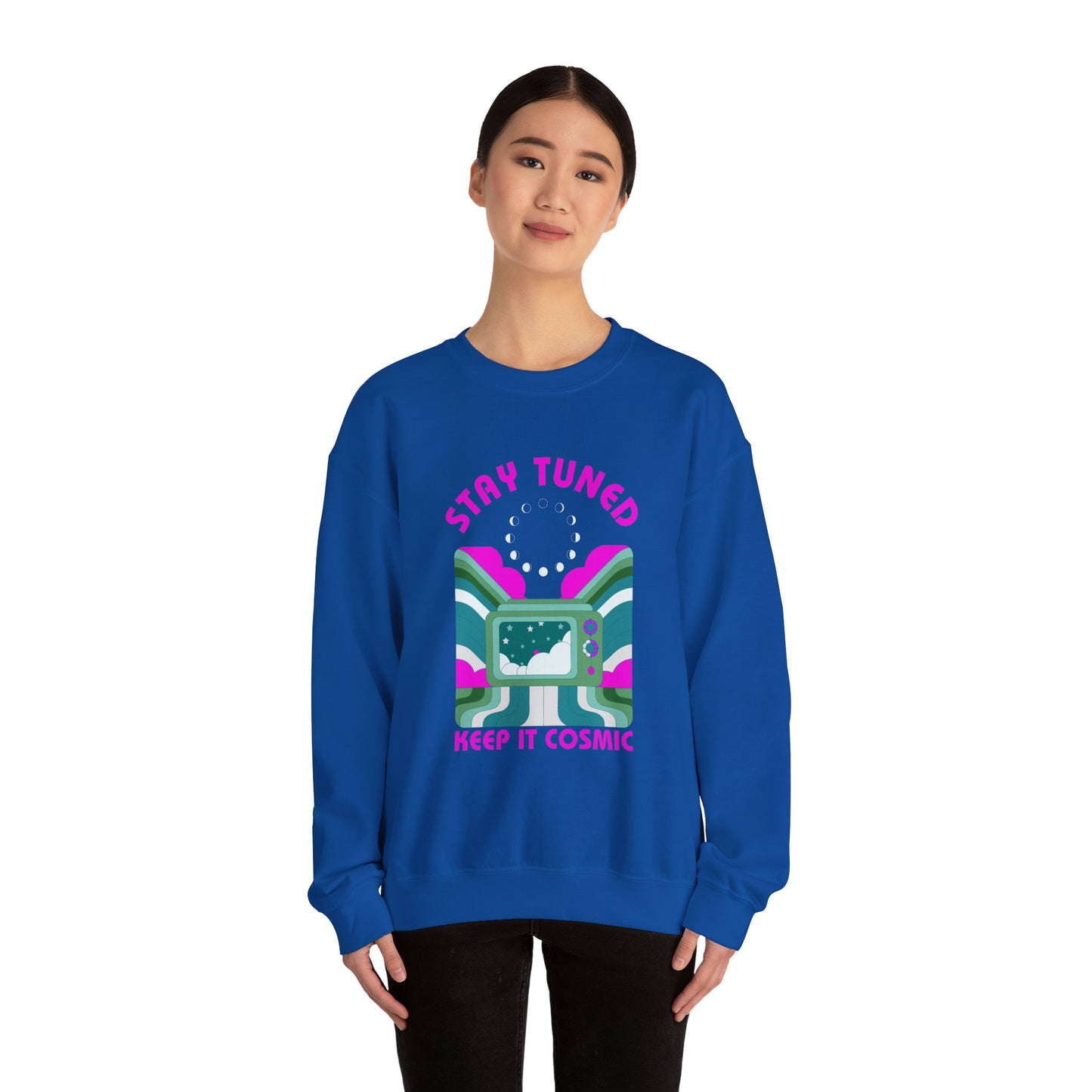 Stay Tuned Moon Phase Retro Sweatshirt - Dayglow Celestial Crewneck