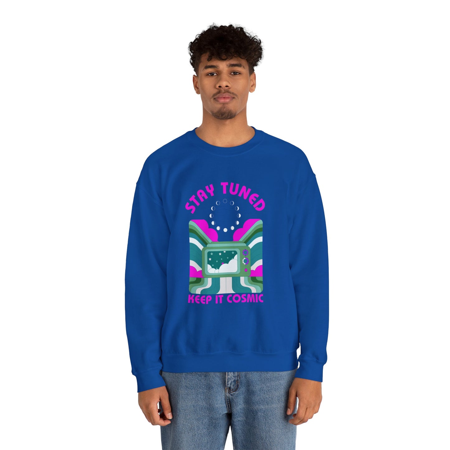 Stay Tuned Moon Phase Retro Sweatshirt - Dayglow Celestial Crewneck