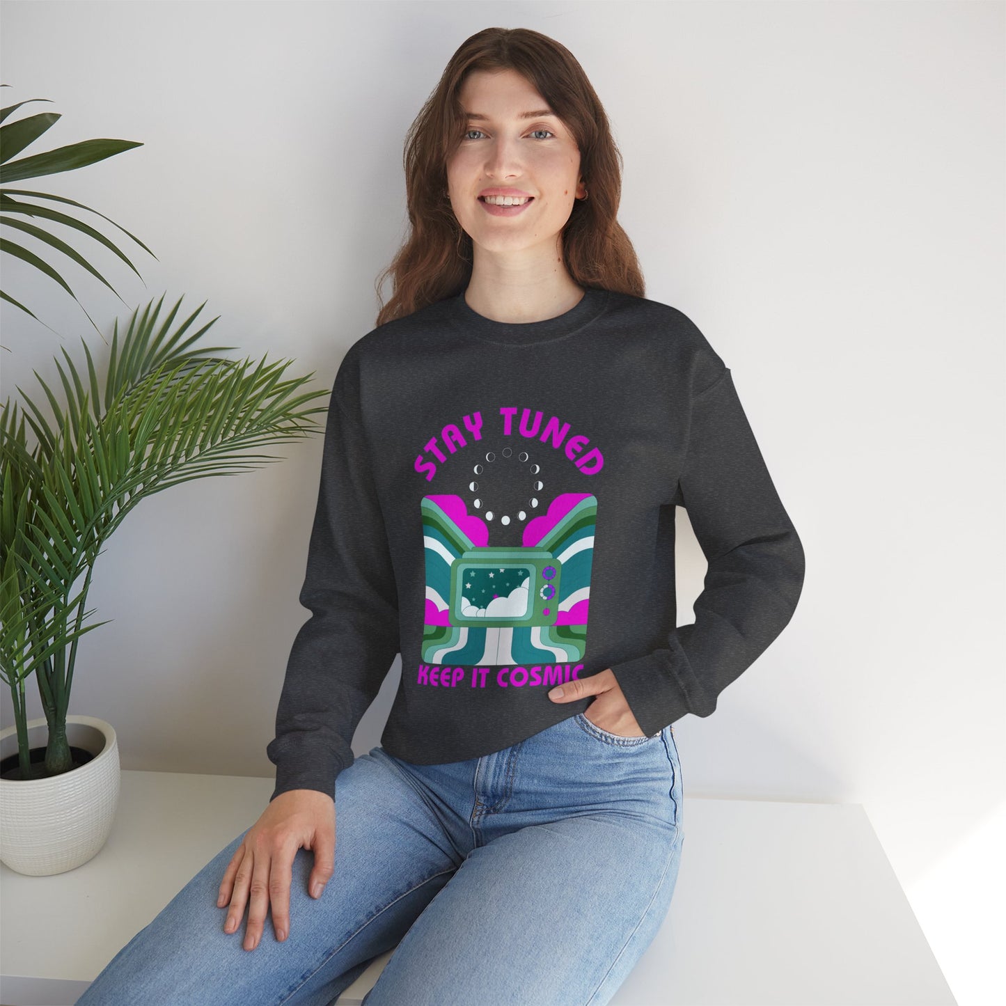 Stay Tuned Moon Phase Retro Sweatshirt - Dayglow Celestial Crewneck
