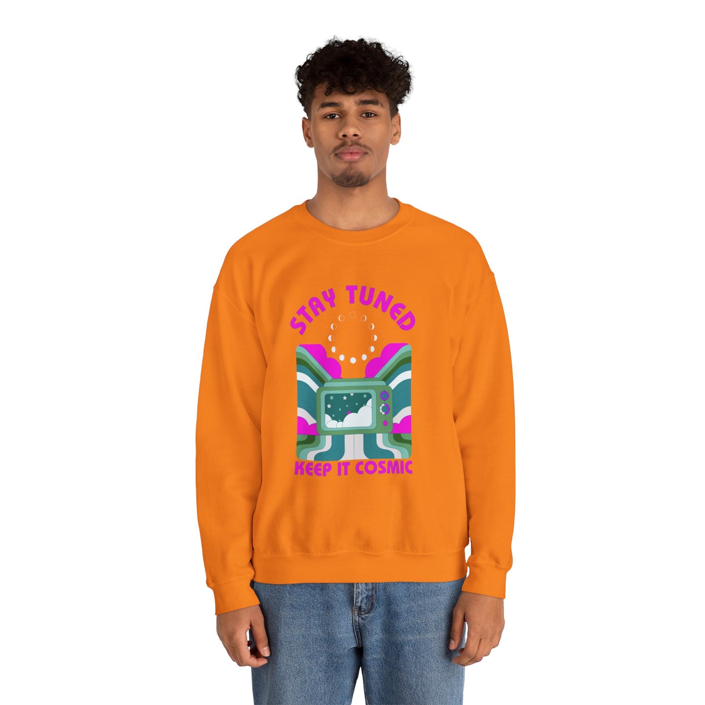 Stay Tuned Moon Phase Retro Sweatshirt - Dayglow Celestial Crewneck