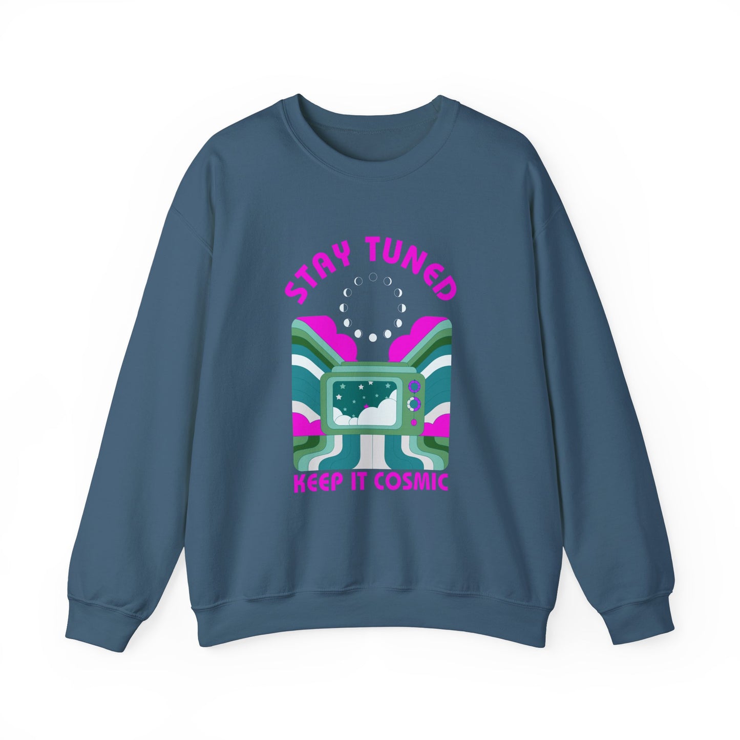 Stay Tuned Moon Phase Retro Sweatshirt - Dayglow Celestial Crewneck