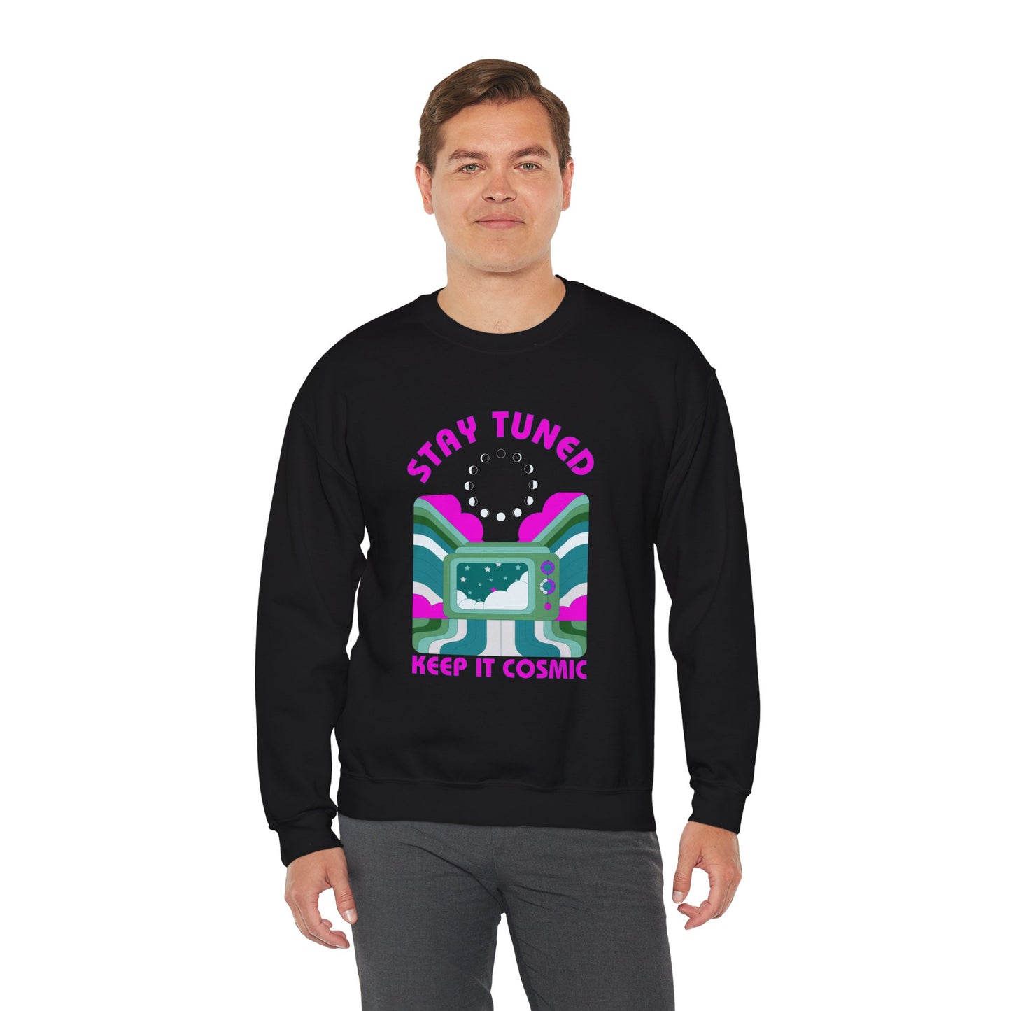 Stay Tuned Moon Phase Retro Sweatshirt - Dayglow Celestial Crewneck