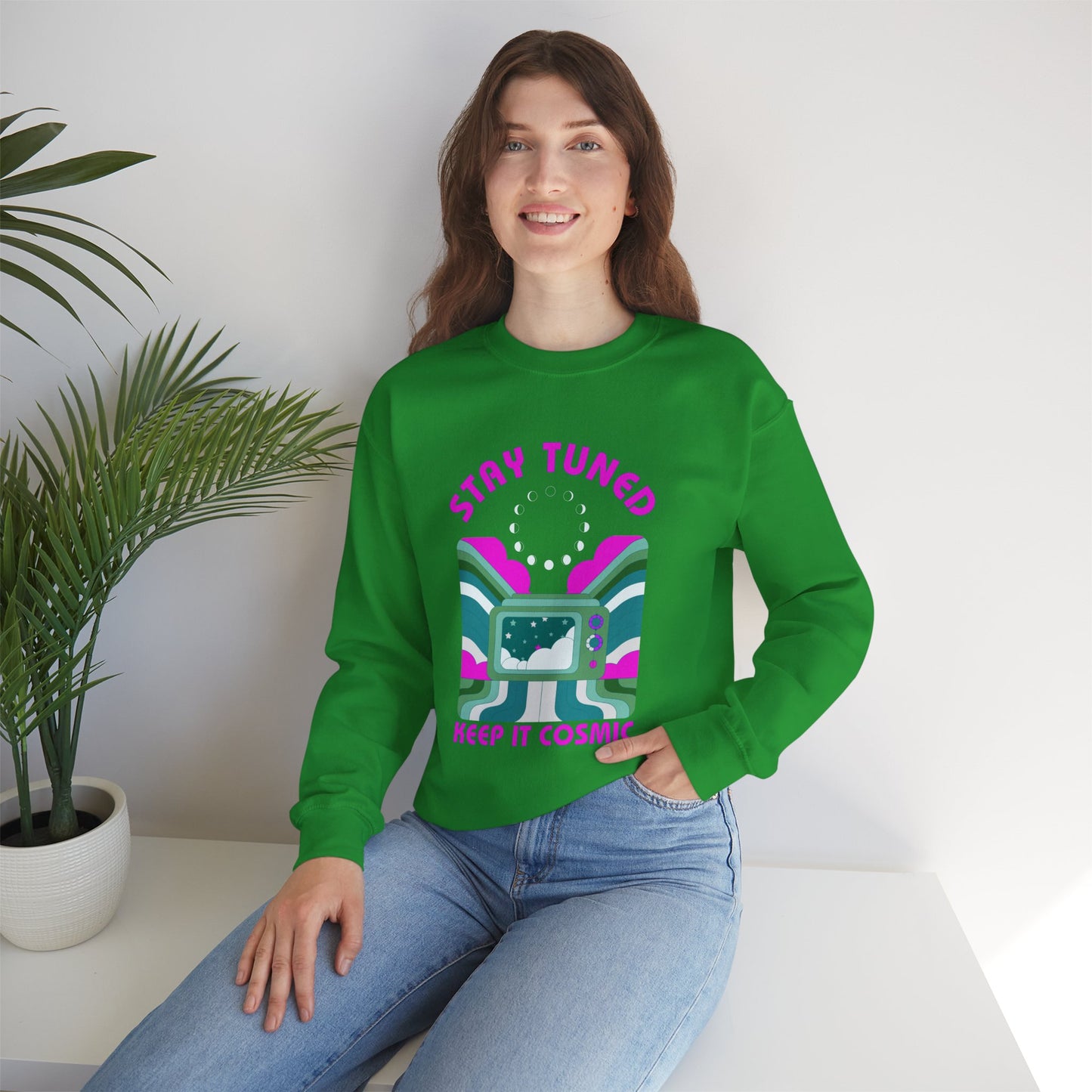 Stay Tuned Moon Phase Retro Sweatshirt - Dayglow Celestial Crewneck