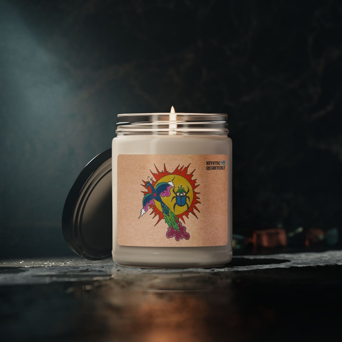 Integrate to Radiate Cosmic Candle | Symbolic Solar Scarab and Peacock Ritual Candle
