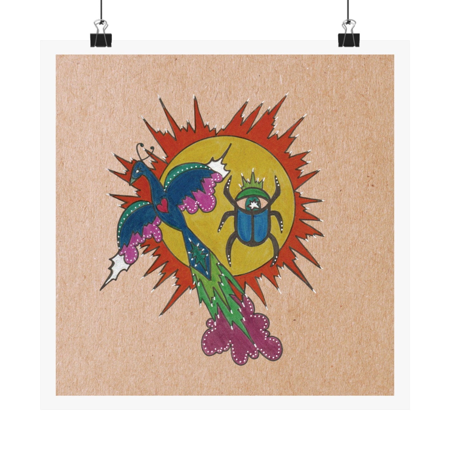 Integrate to Radiate – Symbolic Sun Scarab and Peacock Cosmic Art Print