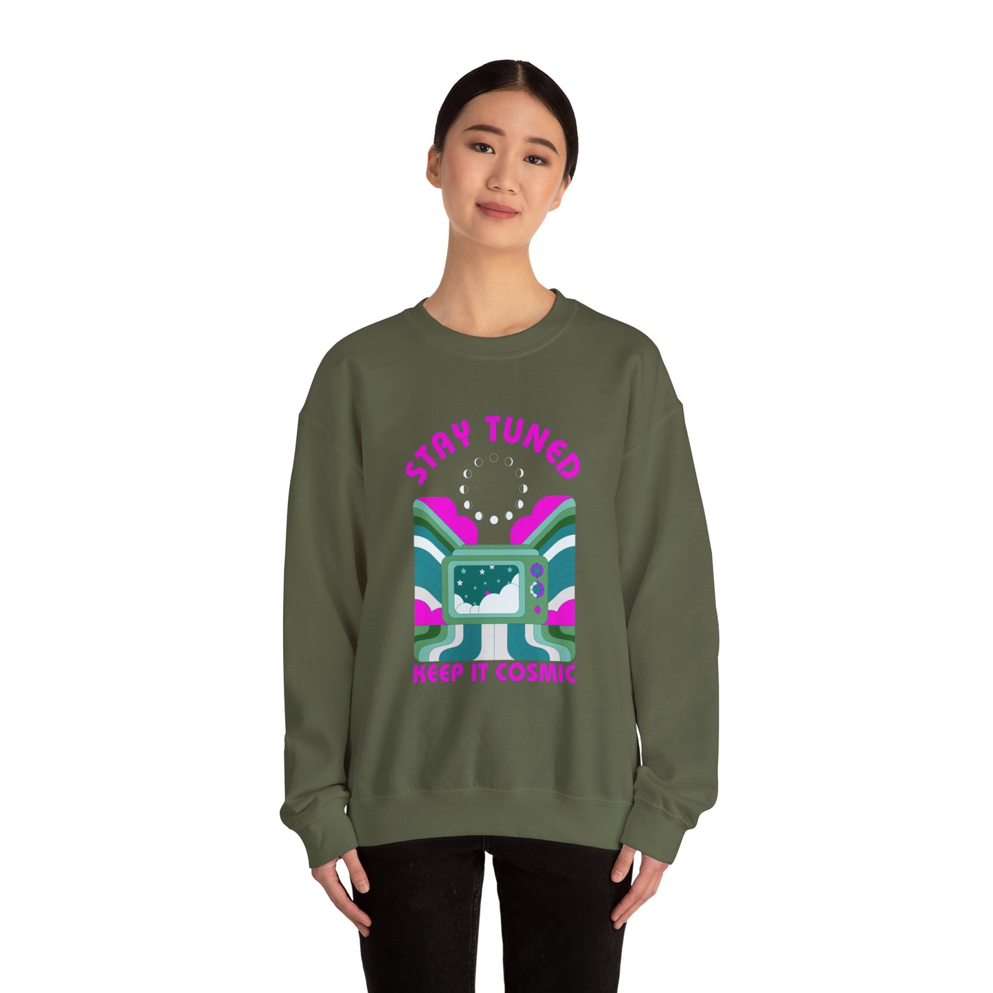 Stay Tuned Moon Phase Retro Sweatshirt - Dayglow Celestial Crewneck