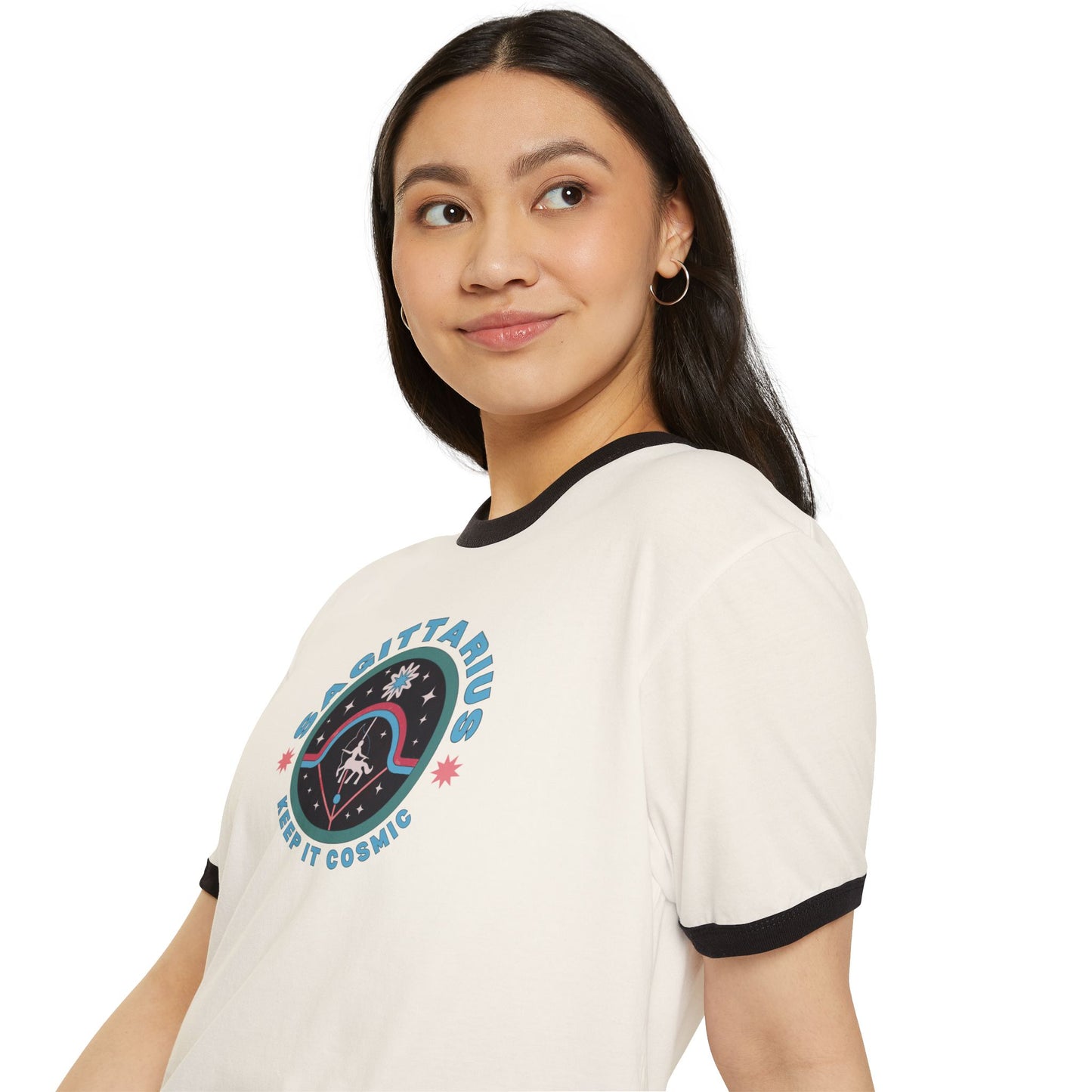 Keep it Cosmic Retro Ringer Tee — Sagittarius Zodiac | Model 3