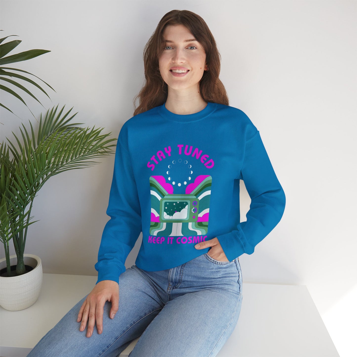 Stay Tuned Moon Phase Retro Sweatshirt - Dayglow Celestial Crewneck
