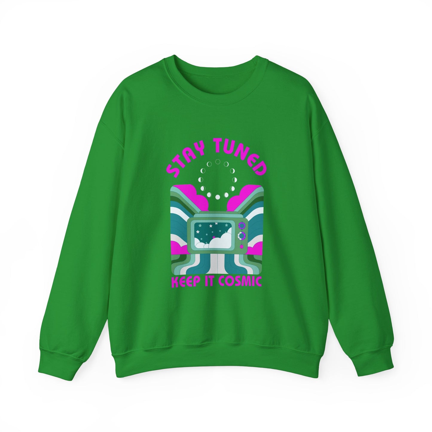 Stay Tuned Moon Phase Retro Sweatshirt - Dayglow Celestial Crewneck