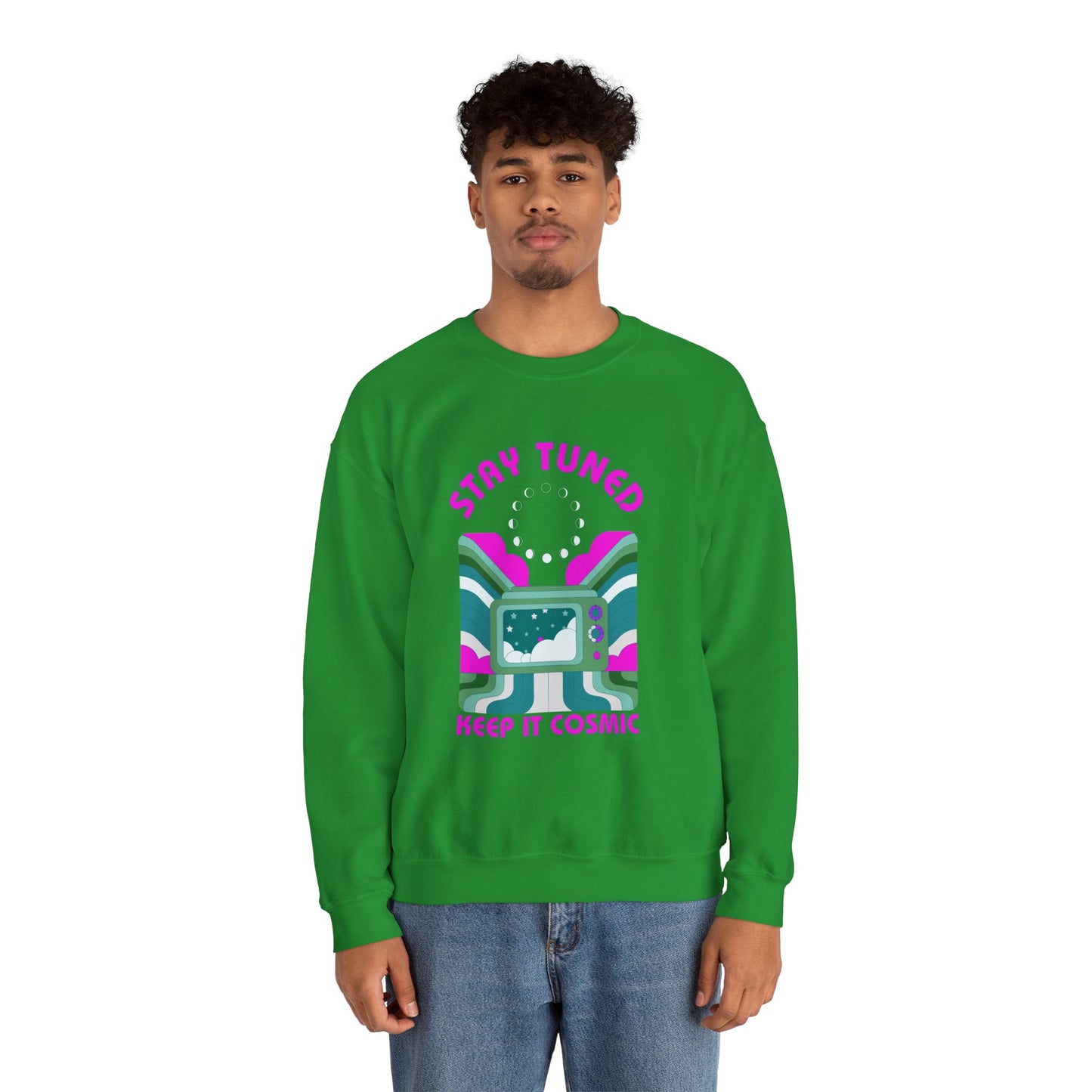 Stay Tuned Moon Phase Retro Sweatshirt - Dayglow Celestial Crewneck