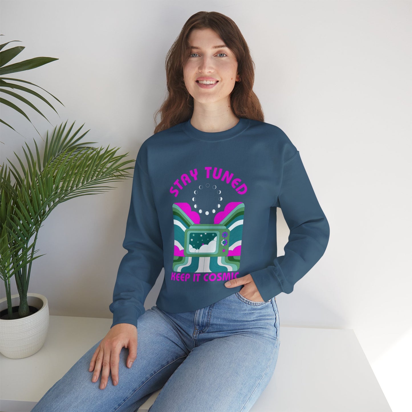 Stay Tuned Moon Phase Retro Sweatshirt - Dayglow Celestial Crewneck