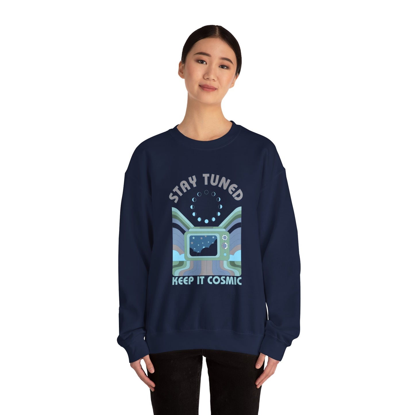 Stay Tuned Moon Phase Retro Sweatshirt - Earthglow Celestial Crewneck