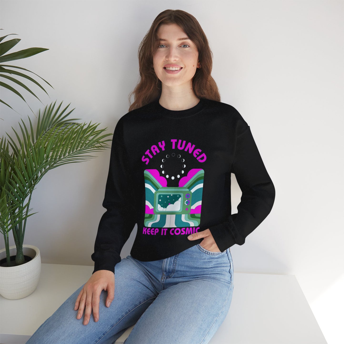 Stay Tuned Moon Phase Retro Sweatshirt - Dayglow Celestial Crewneck