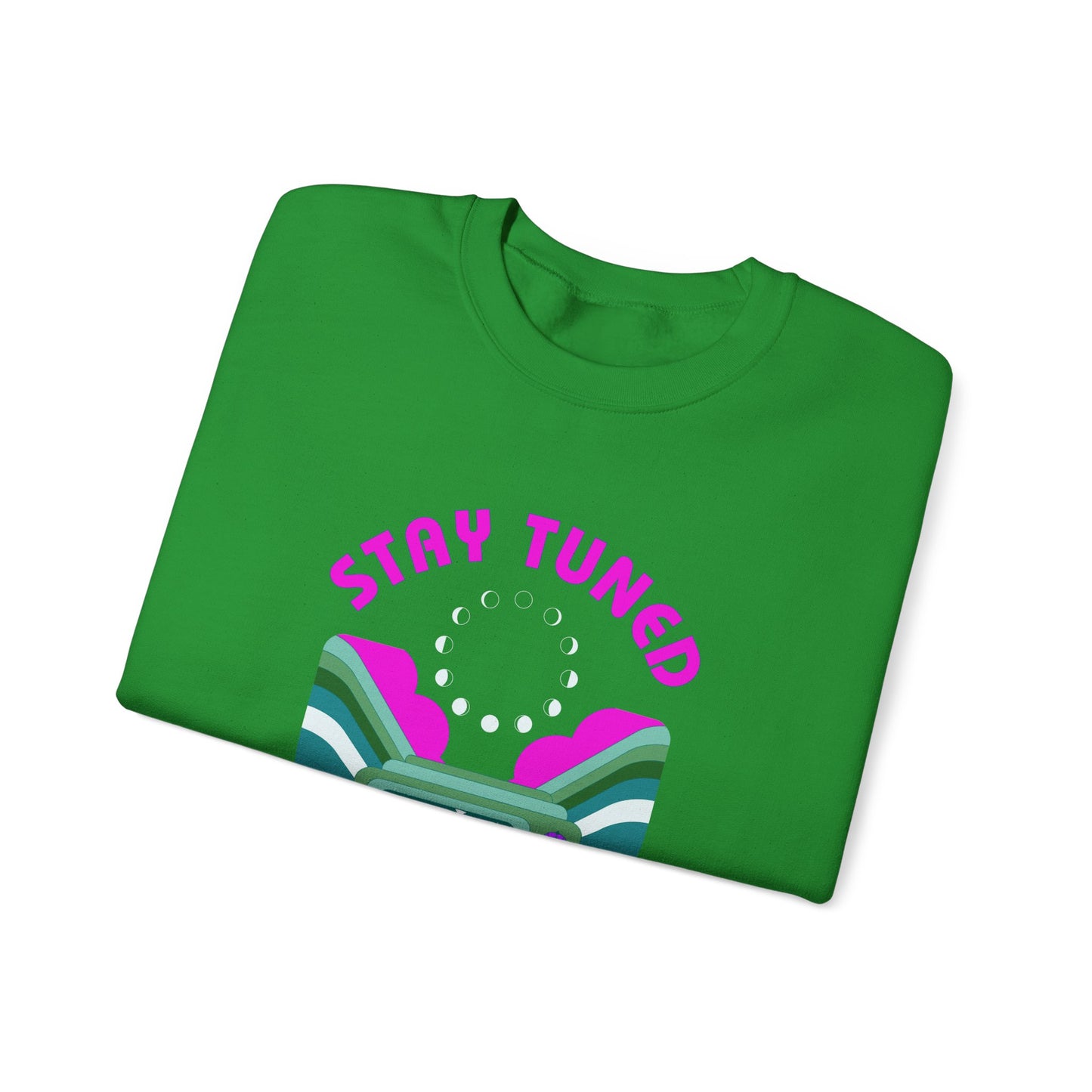 Stay Tuned Moon Phase Retro Sweatshirt - Dayglow Celestial Crewneck