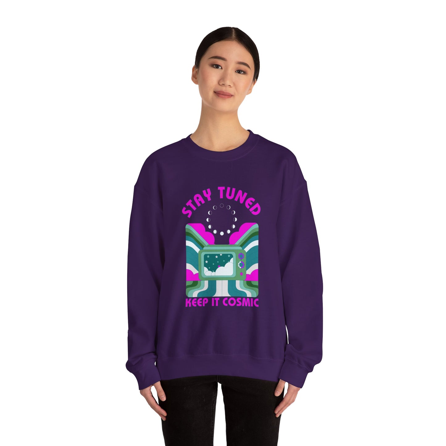 Stay Tuned Moon Phase Retro Sweatshirt - Dayglow Celestial Crewneck