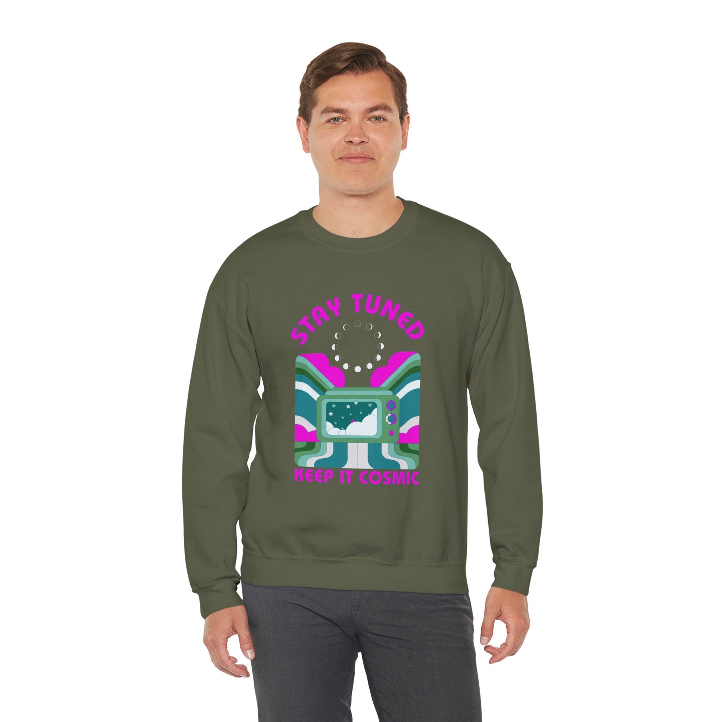 Stay Tuned Moon Phase Retro Sweatshirt - Dayglow Celestial Crewneck