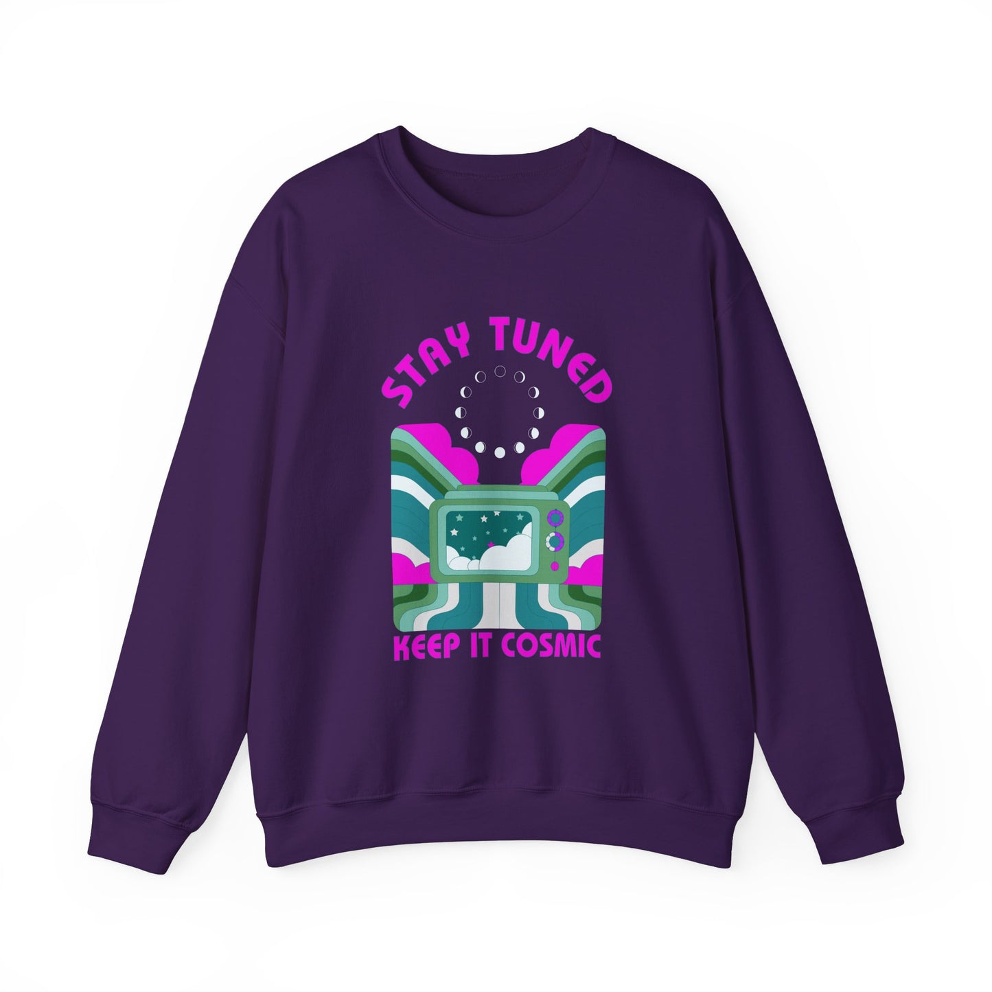 Stay Tuned Moon Phase Retro Sweatshirt - Dayglow Celestial Crewneck