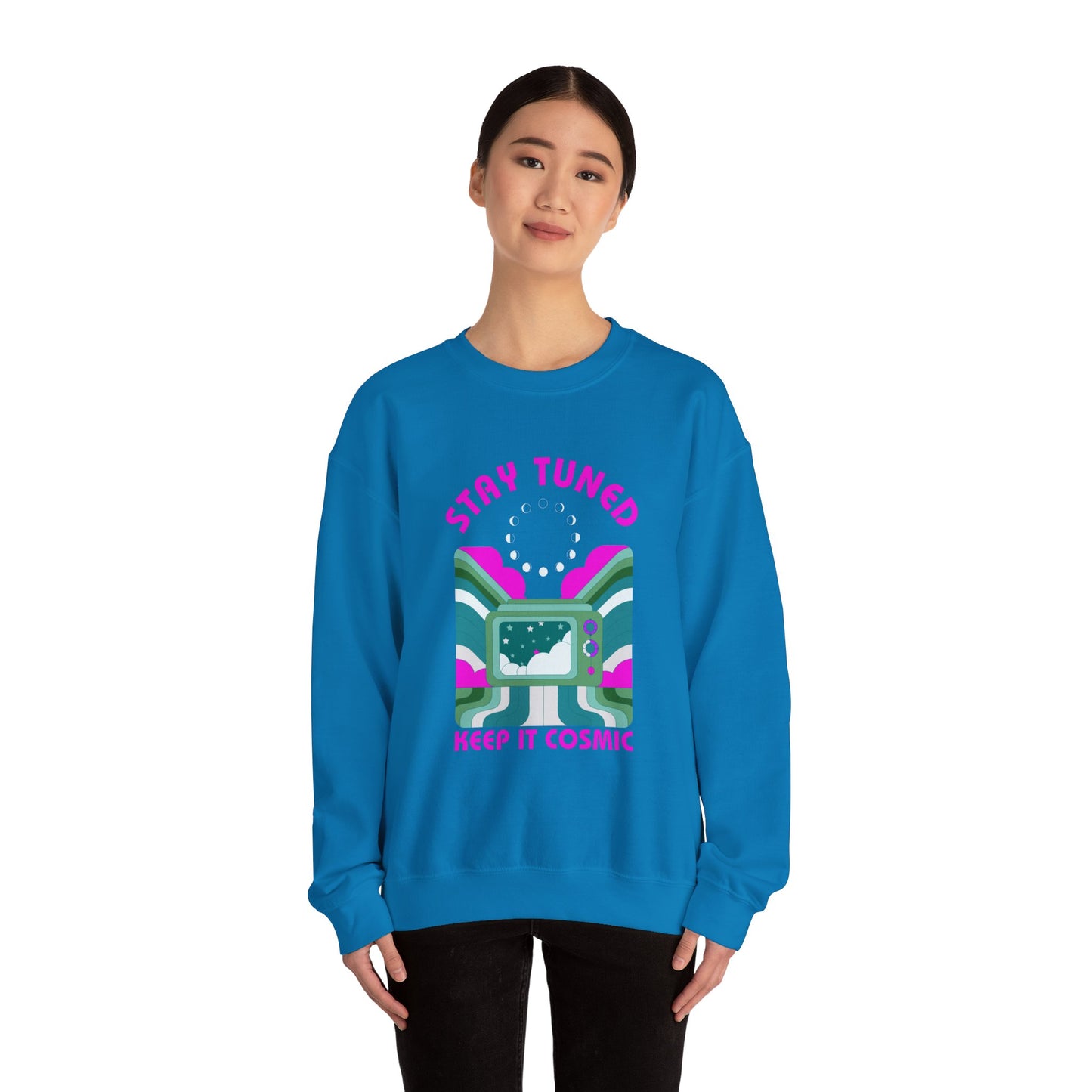 Stay Tuned Moon Phase Retro Sweatshirt - Dayglow Celestial Crewneck