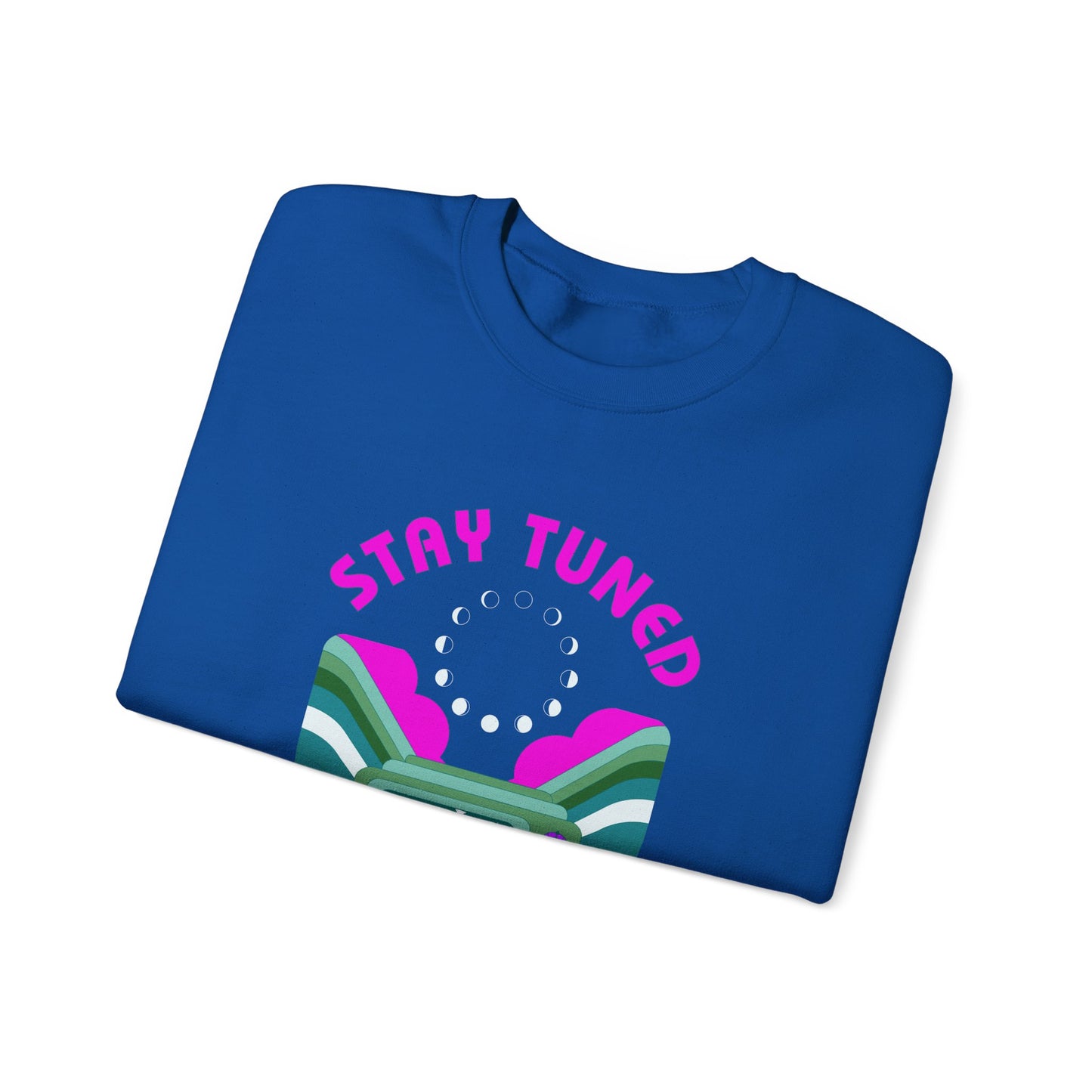 Stay Tuned Moon Phase Retro Sweatshirt - Dayglow Celestial Crewneck