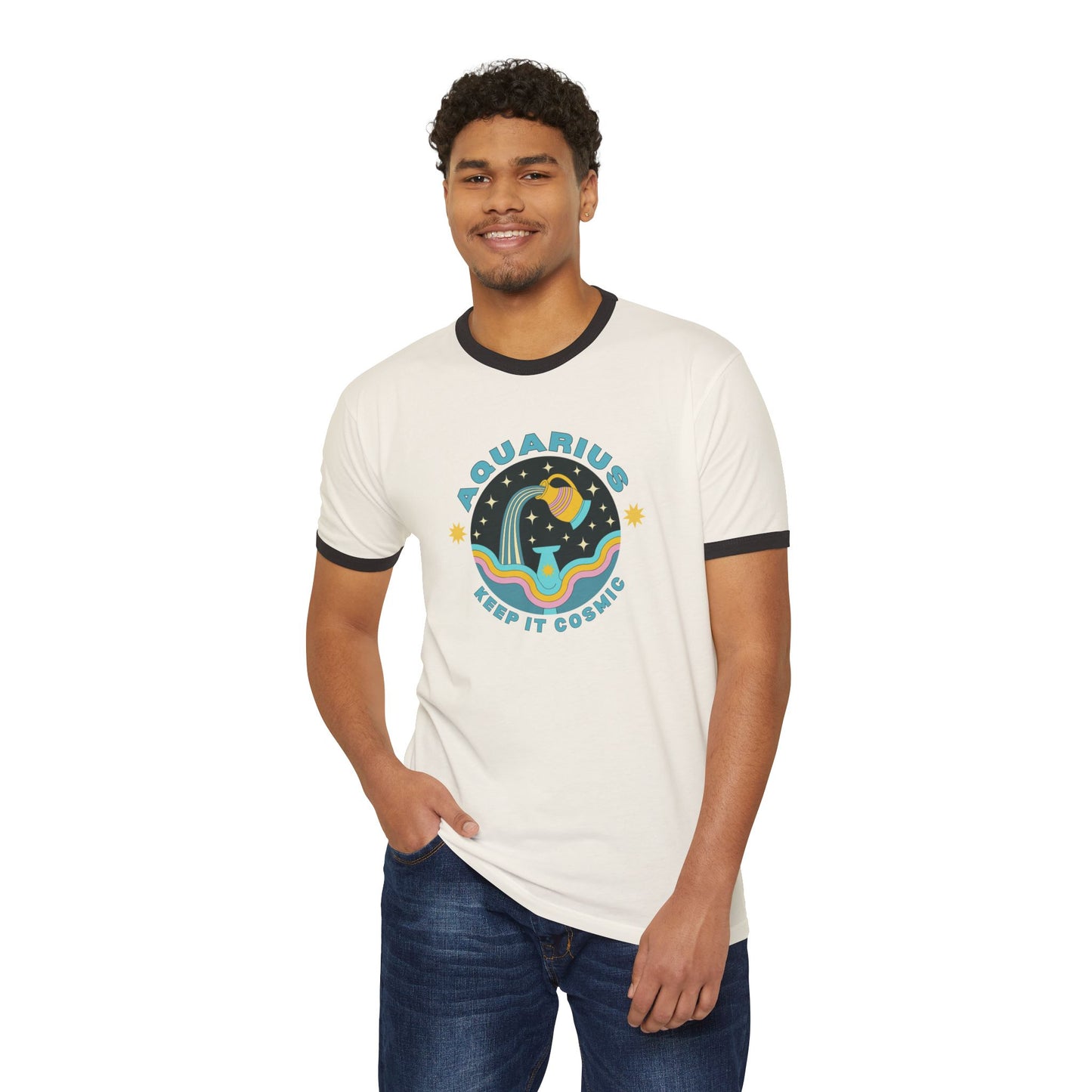 Keep it Cosmic Retro Ringer Tee — Aquarius Zodiac | Model 2