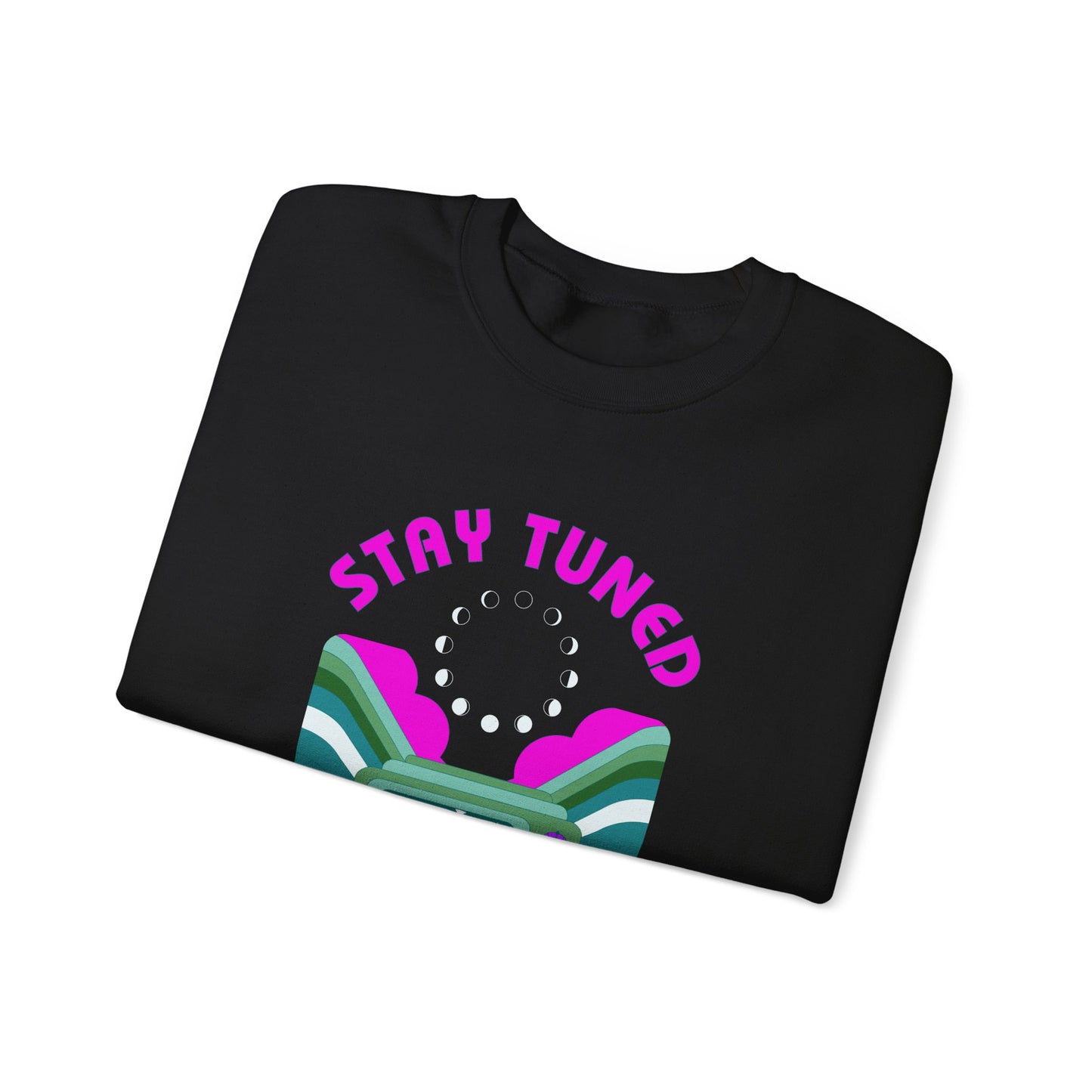 Stay Tuned Moon Phase Retro Sweatshirt - Dayglow Celestial Crewneck