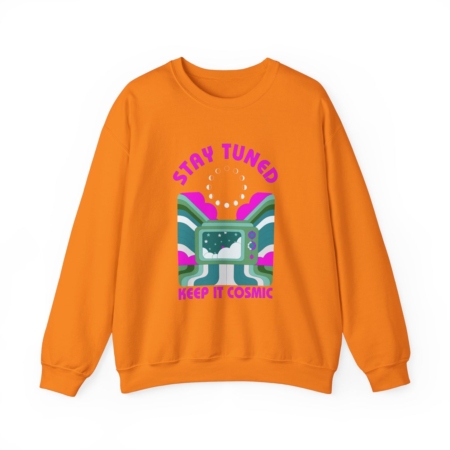 Stay Tuned Moon Phase Retro Sweatshirt - Dayglow Celestial Crewneck