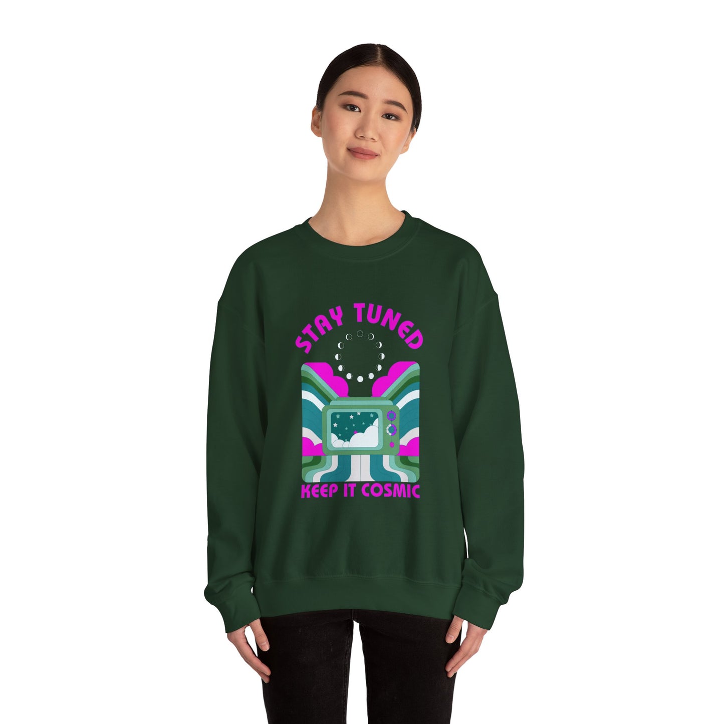 Stay Tuned Moon Phase Retro Sweatshirt - Dayglow Celestial Crewneck