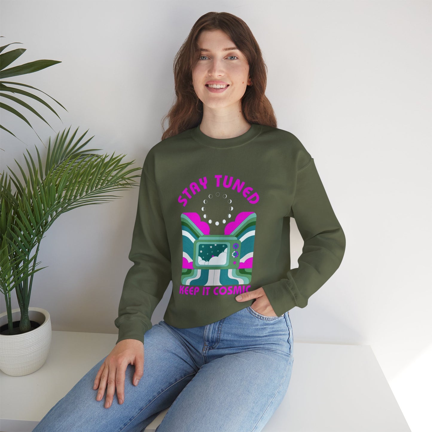 Stay Tuned Moon Phase Retro Sweatshirt - Dayglow Celestial Crewneck
