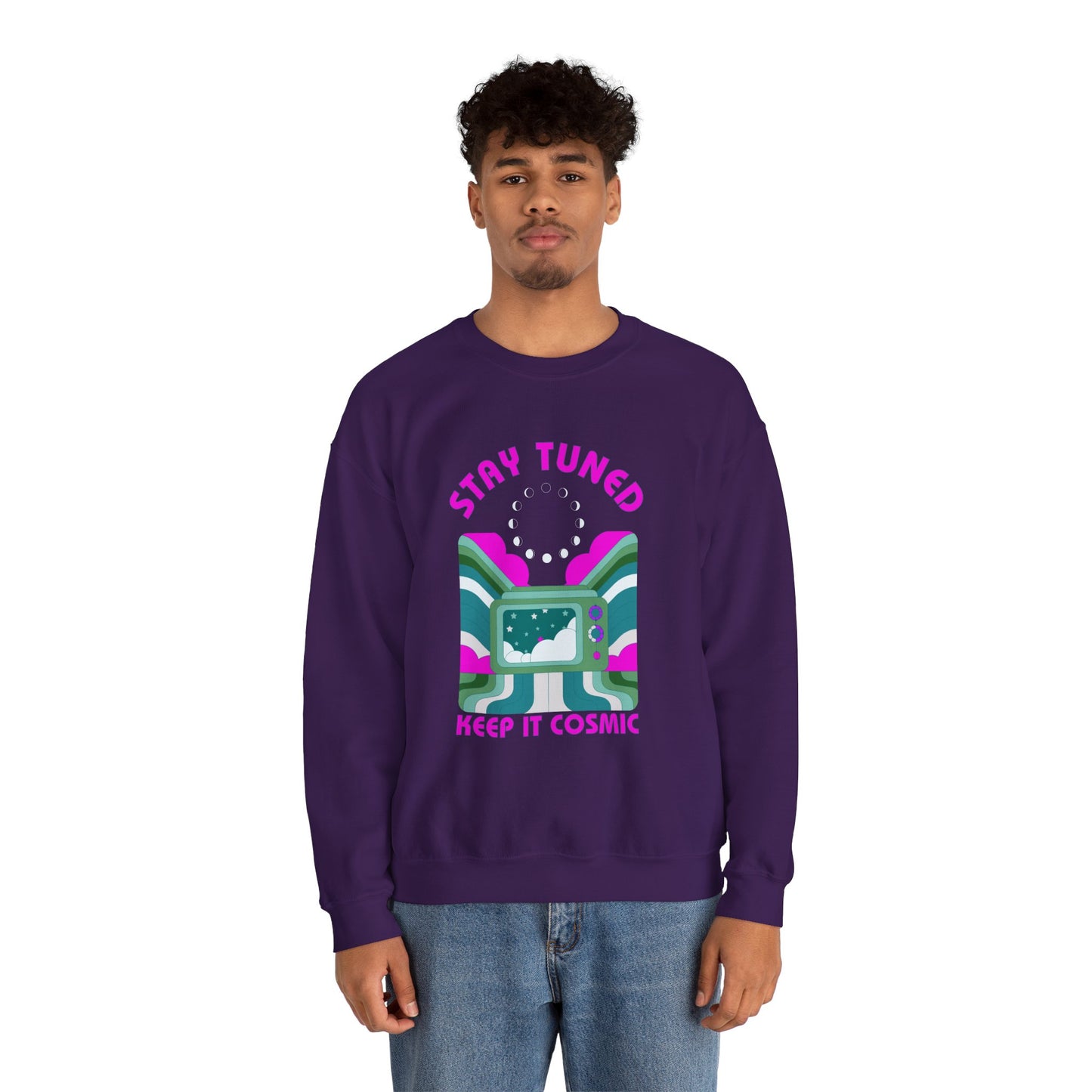 Stay Tuned Moon Phase Retro Sweatshirt - Dayglow Celestial Crewneck