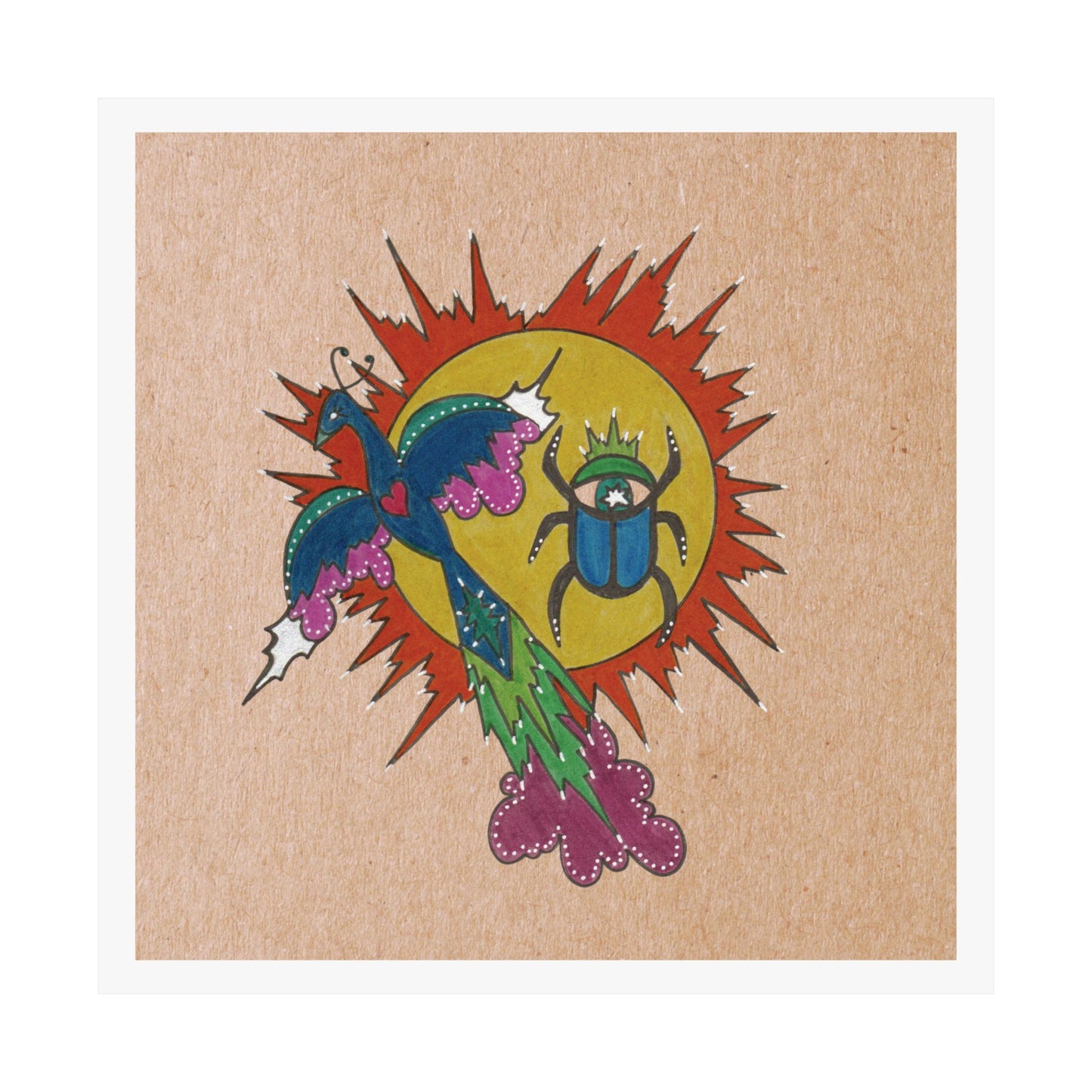 Integrate to Radiate – Symbolic Sun Scarab and Peacock Cosmic Art Print