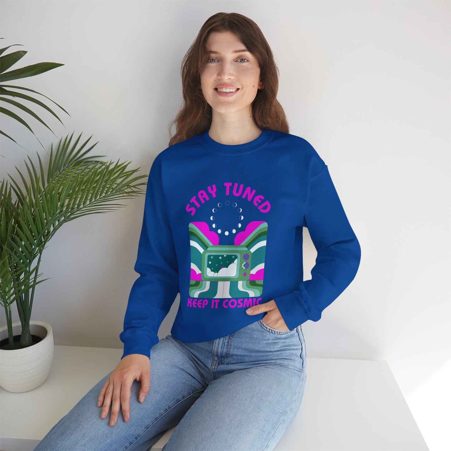 Stay Tuned Moon Phase Retro Sweatshirt - Dayglow Celestial Crewneck