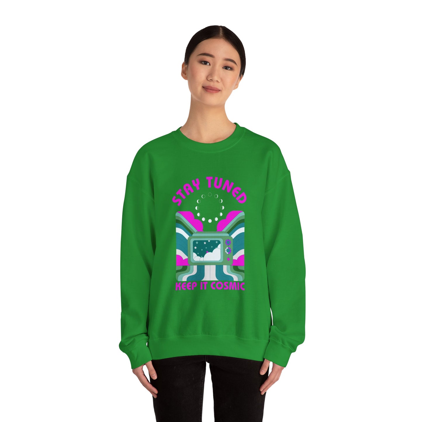 Stay Tuned Moon Phase Retro Sweatshirt - Dayglow Celestial Crewneck