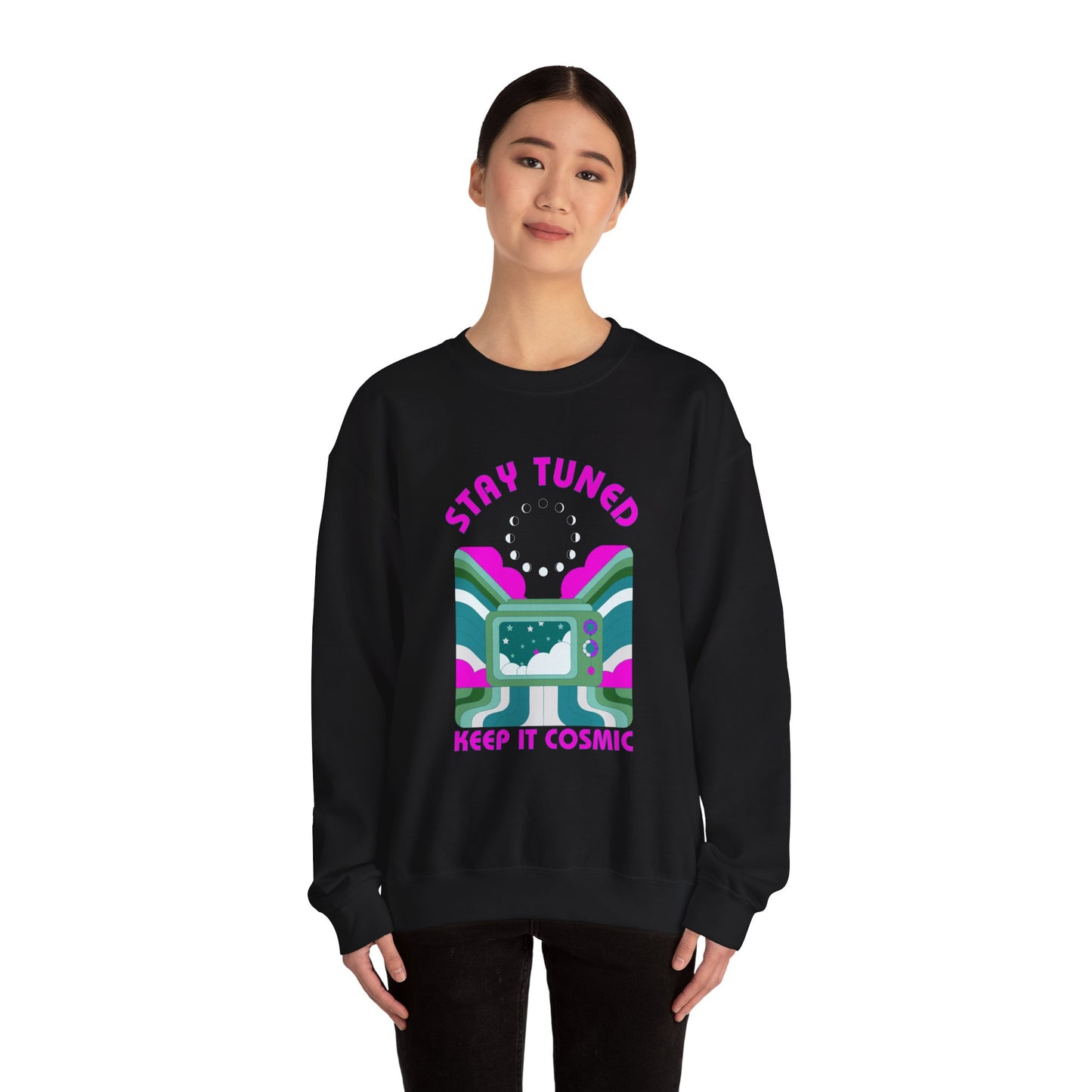 Stay Tuned Moon Phase Retro Sweatshirt - Dayglow Celestial Crewneck
